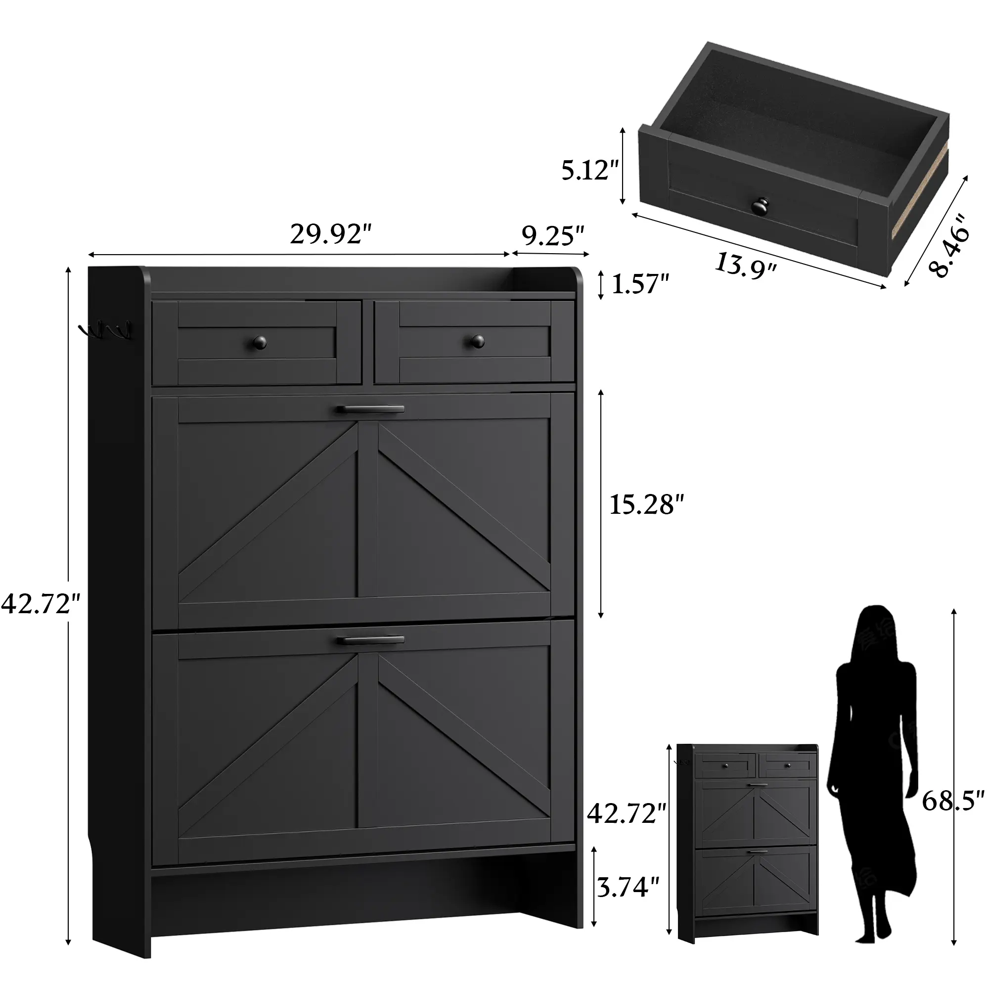 Shoe Storage Cabinet for Entryway, Farmhouse Wide Shoe Cabinet with 4 Flip Drawers and 2 Top Drawers, Freestanding Organizer with Adjustable Shelves, Hooks