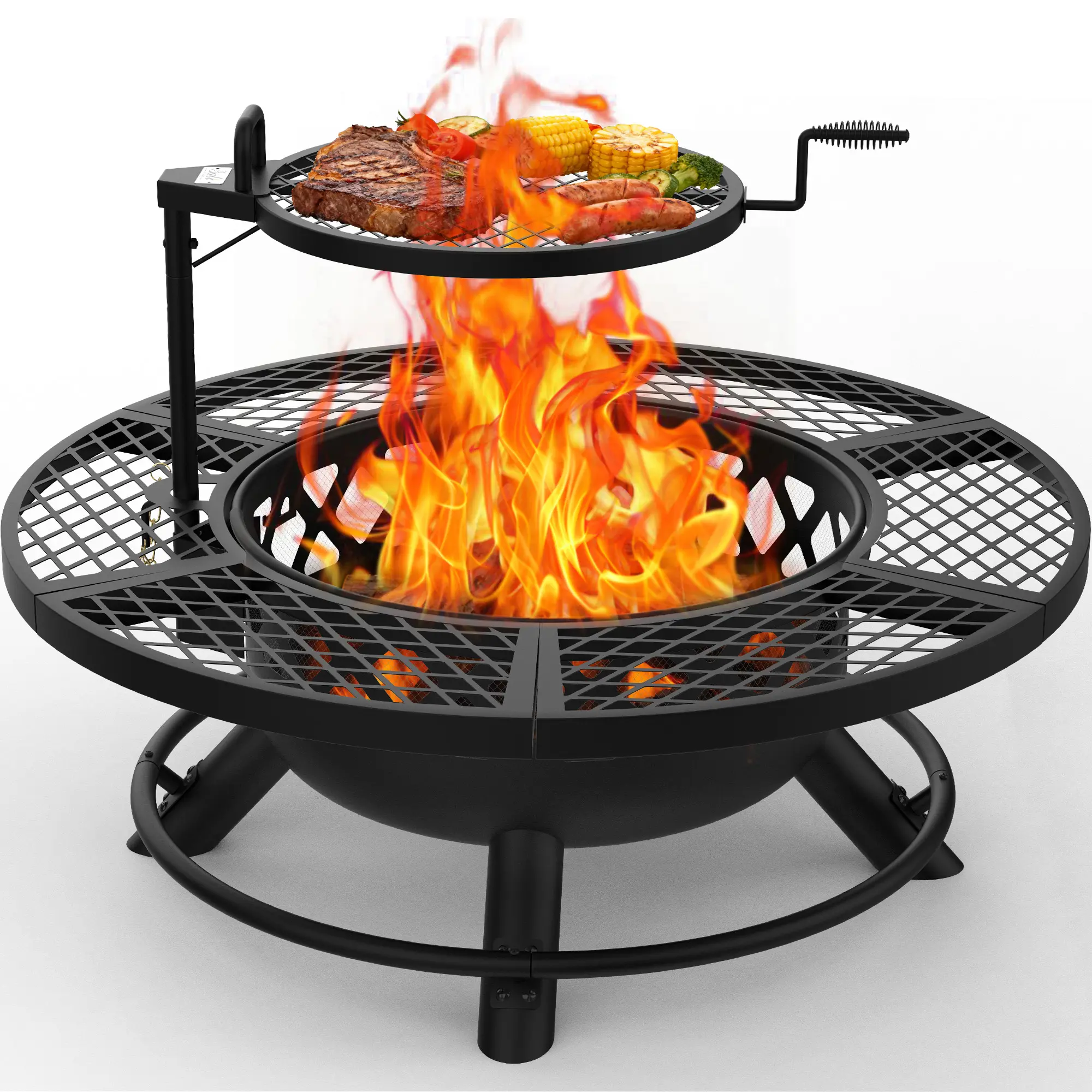 Memorial Day Sales 2-in-1 Wood Burning Fire Pit with Removable Cooking Grill Black Ultra-Durable Iron Grate 360-Degree Rotation Adjustable Height for Heating and BBQ Christmas gift