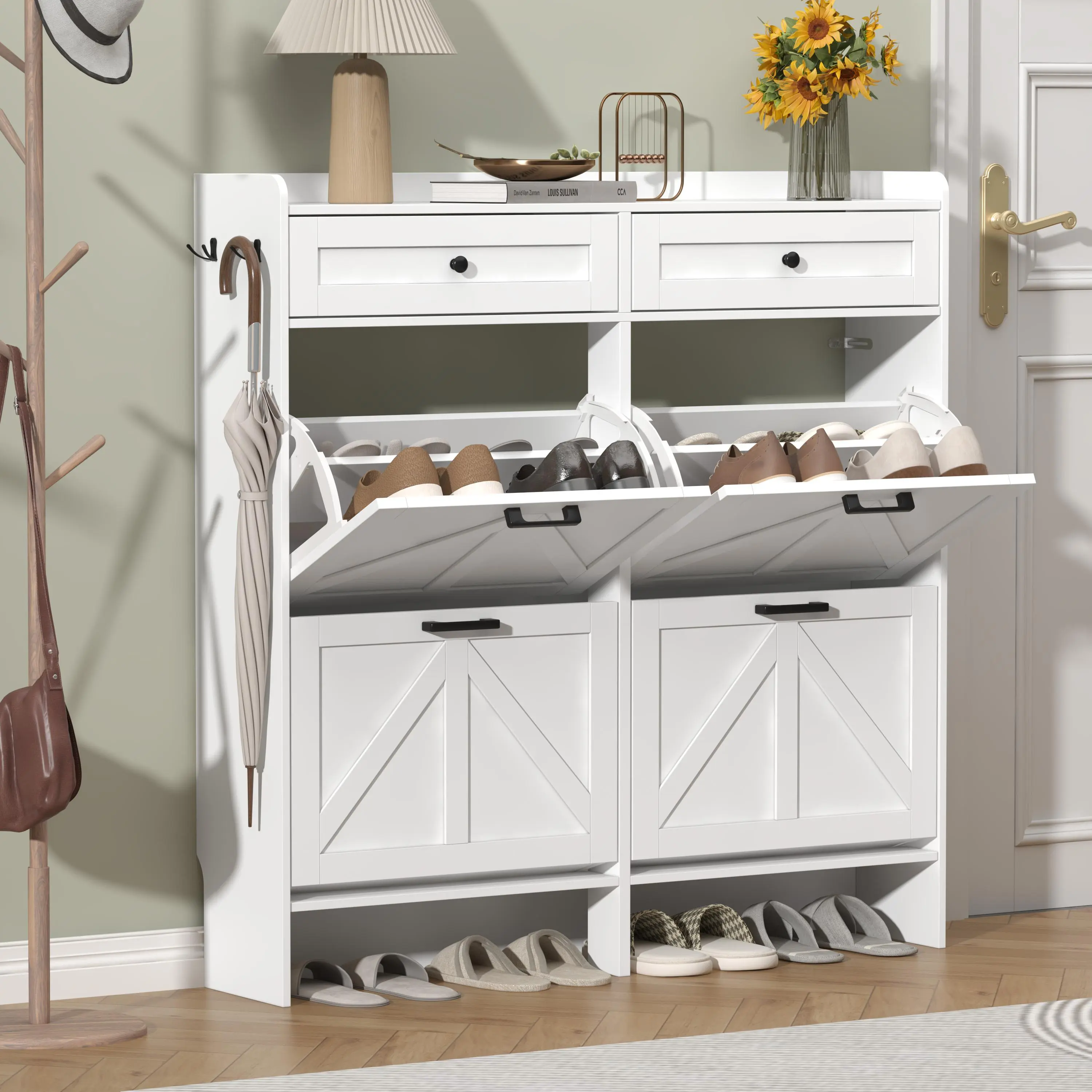 Shoe Storage Cabinet for Entryway, Farmhouse Wide Shoe Cabinet with 4 Flip Drawers and 2 Top Drawers, Freestanding Organizer with Adjustable Shelves, Hooks