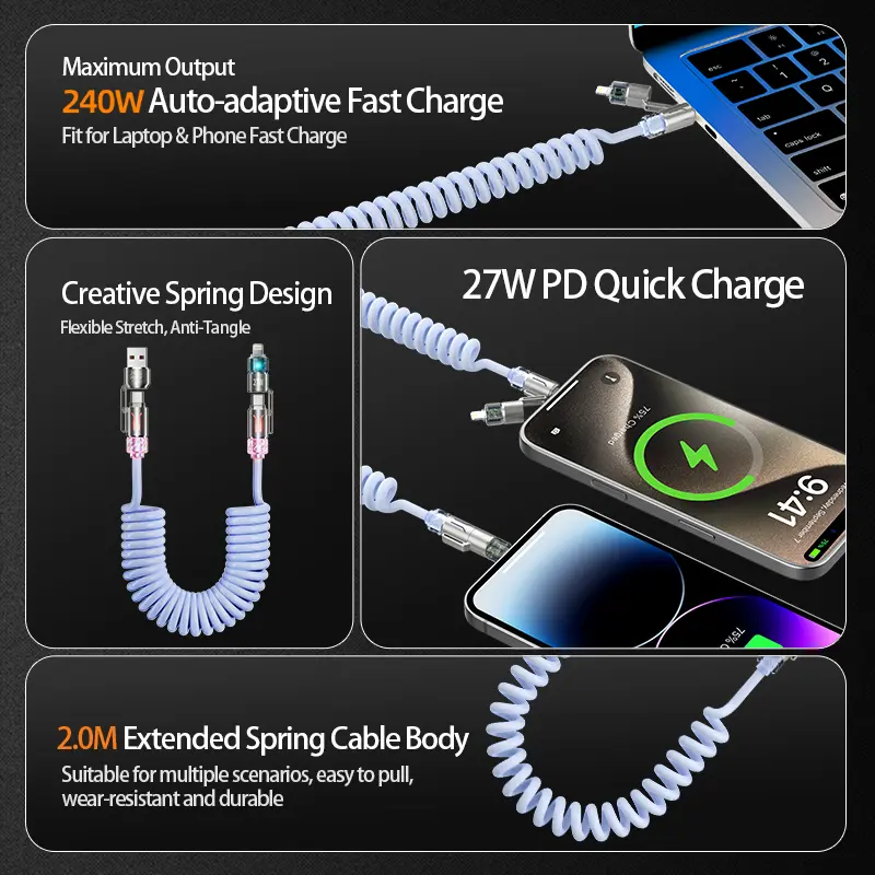 240W 4-in-1 Coiled Car Charging Cable with RGB Ambient Light & Long-Lasting Fragrance (2m / 6.6ft)