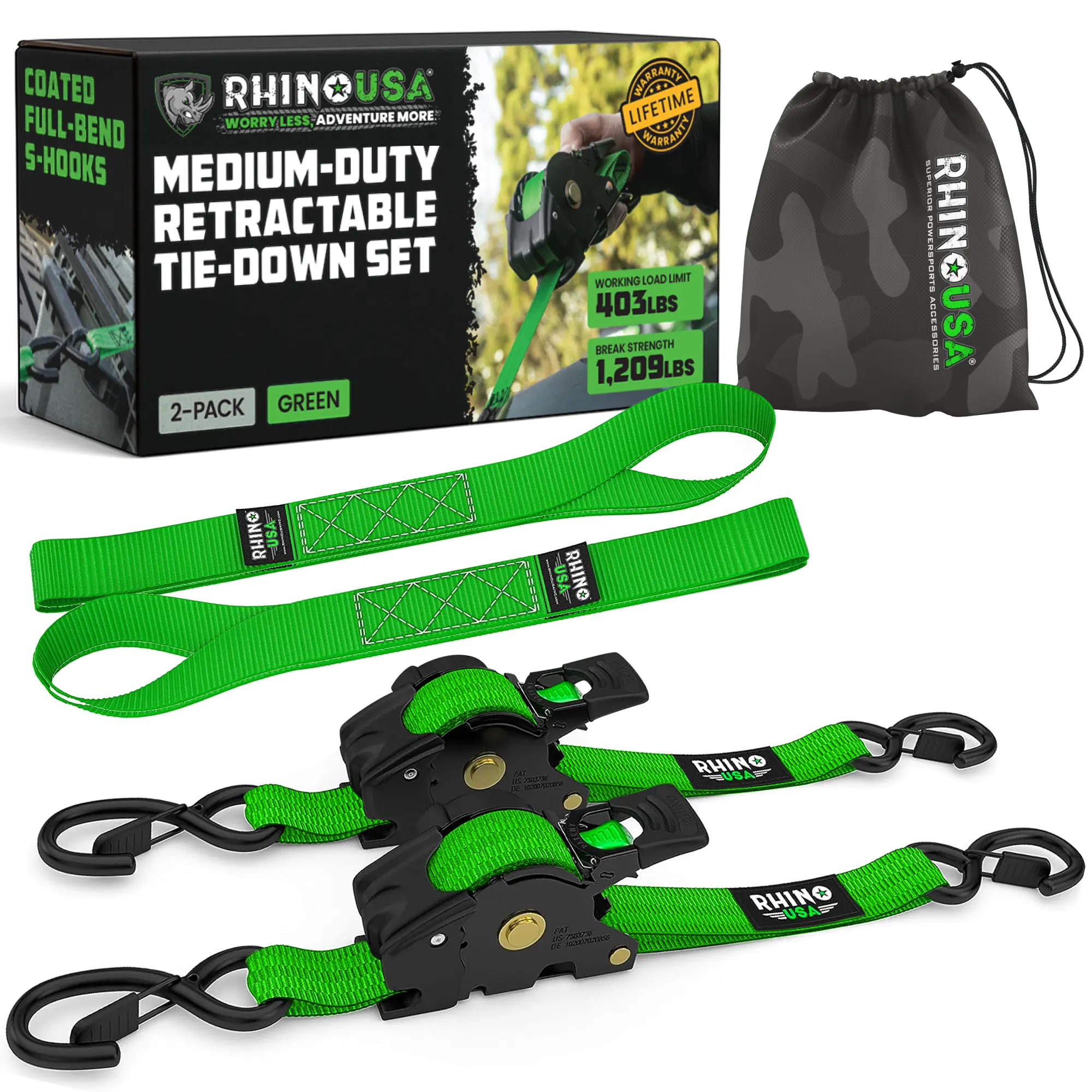 Rhino USA 1" x 10' Retractable Ratchet Straps (select 2 pack or 4 pack) - Medium Duty Self Retracting Tie Down Straps for Truck, Cargo Trailer