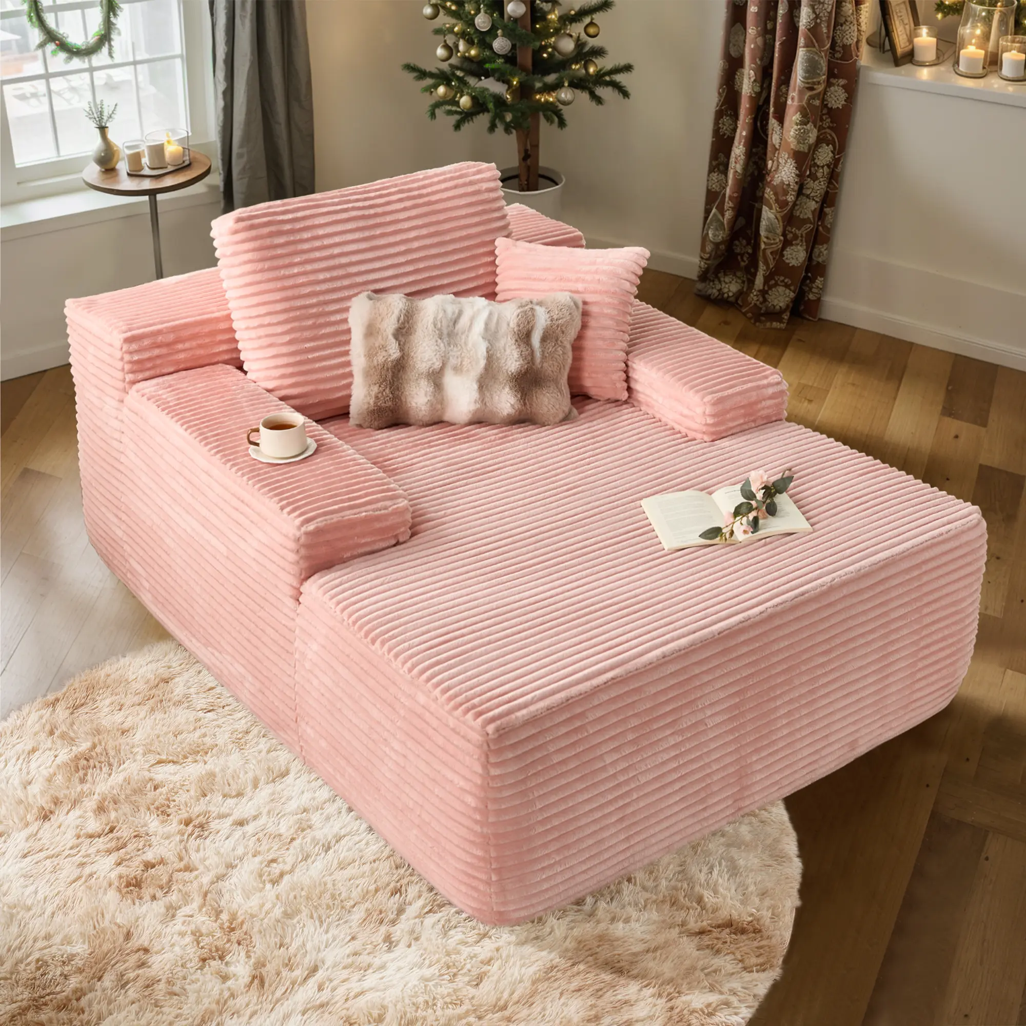 49'' Boneless Chaise Lounge with Cup Holders, Upholstered Sofa Bed with Throw Pillows and Armrests, Indoor Sleeper Chair- Luxurious Plush Corduroy Chair Bed for Living Room - No Assembly Required