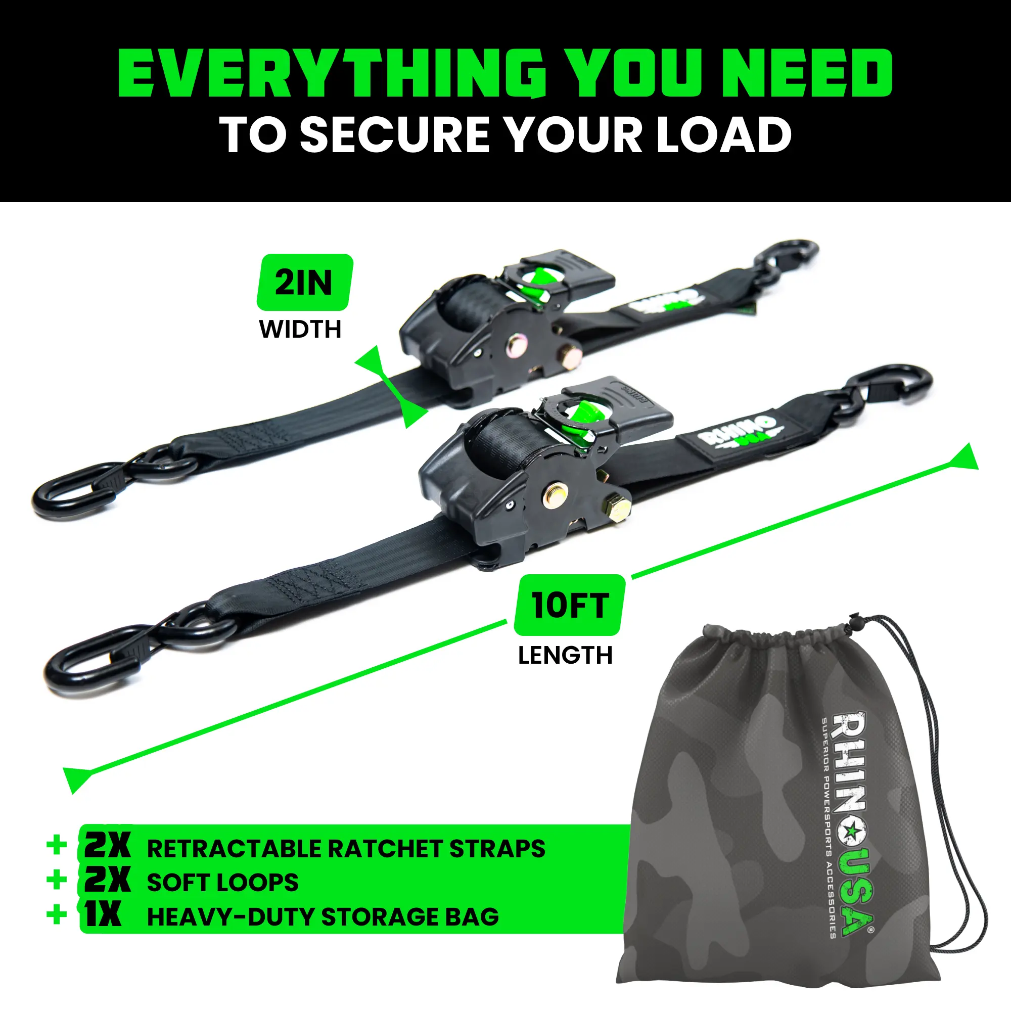 2" x 10' Retractable Ratchet Straps 2- or 4-Pack - (3,033lb Break Strength) - Heavy Duty Self Retracting Tie Down Straps for Truck, Cargo Trailer