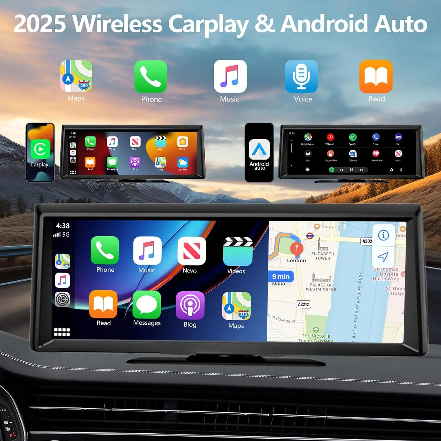 2026 Dash Cam with 8.14'' Wireless CarPlay Touchscreen – 2K Front & 1080P Rear Camera, Android Auto, GPS & Bluetooth