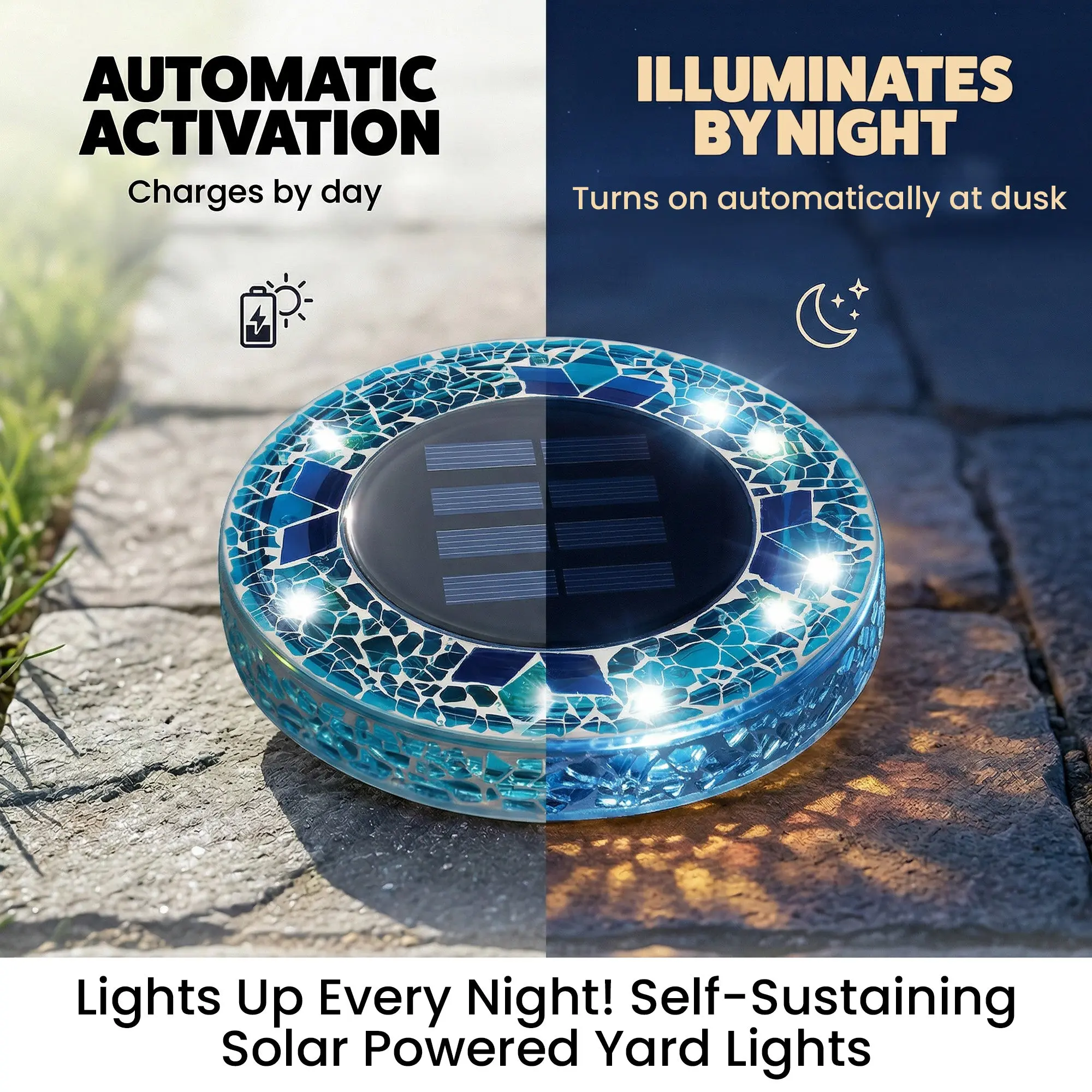Solar Outdoor Mosaic Disk Lights, Waterproof Decorative Pathway LED Light, Auto On/Off
