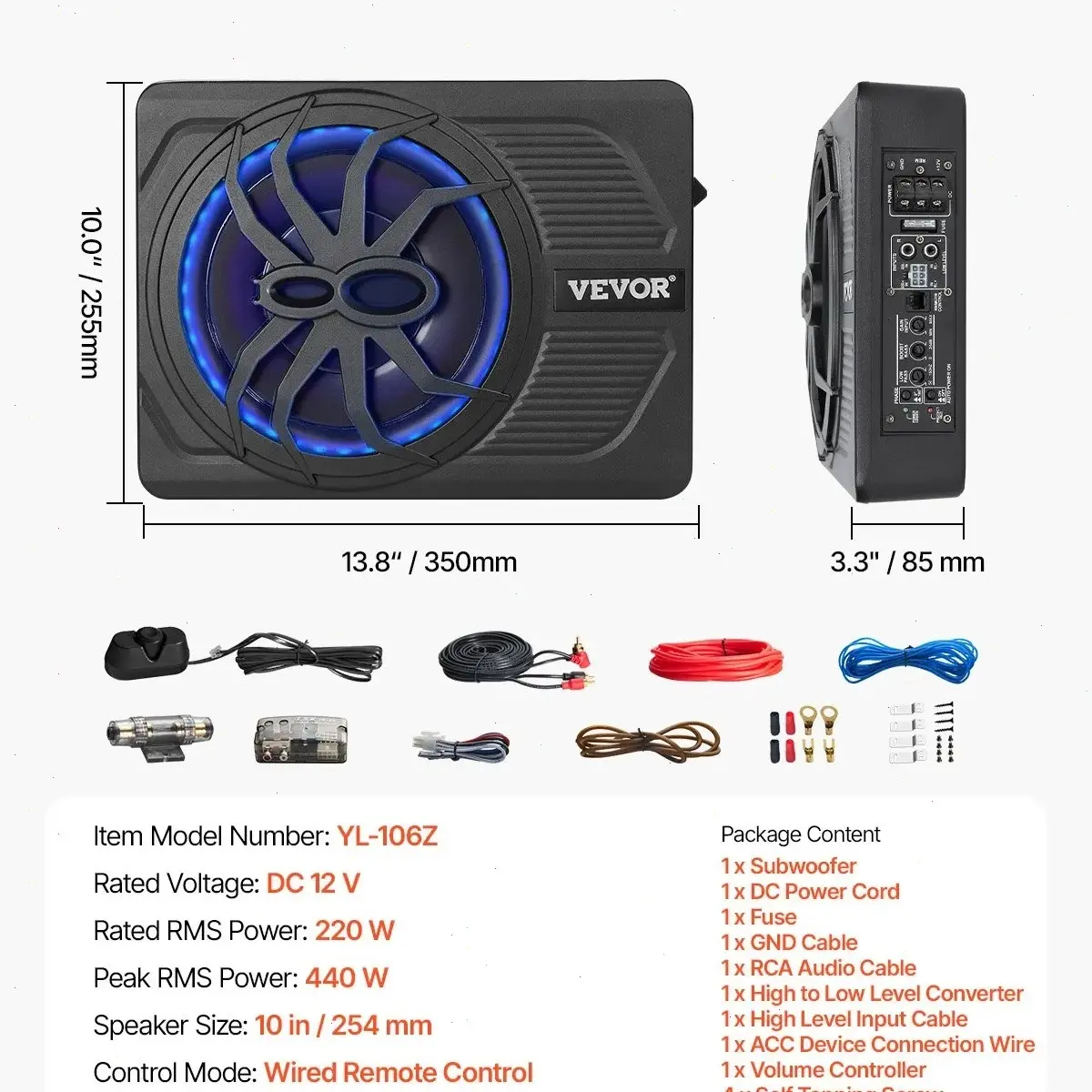 10" 440W Underseat Car Subwoofer with Remote Control