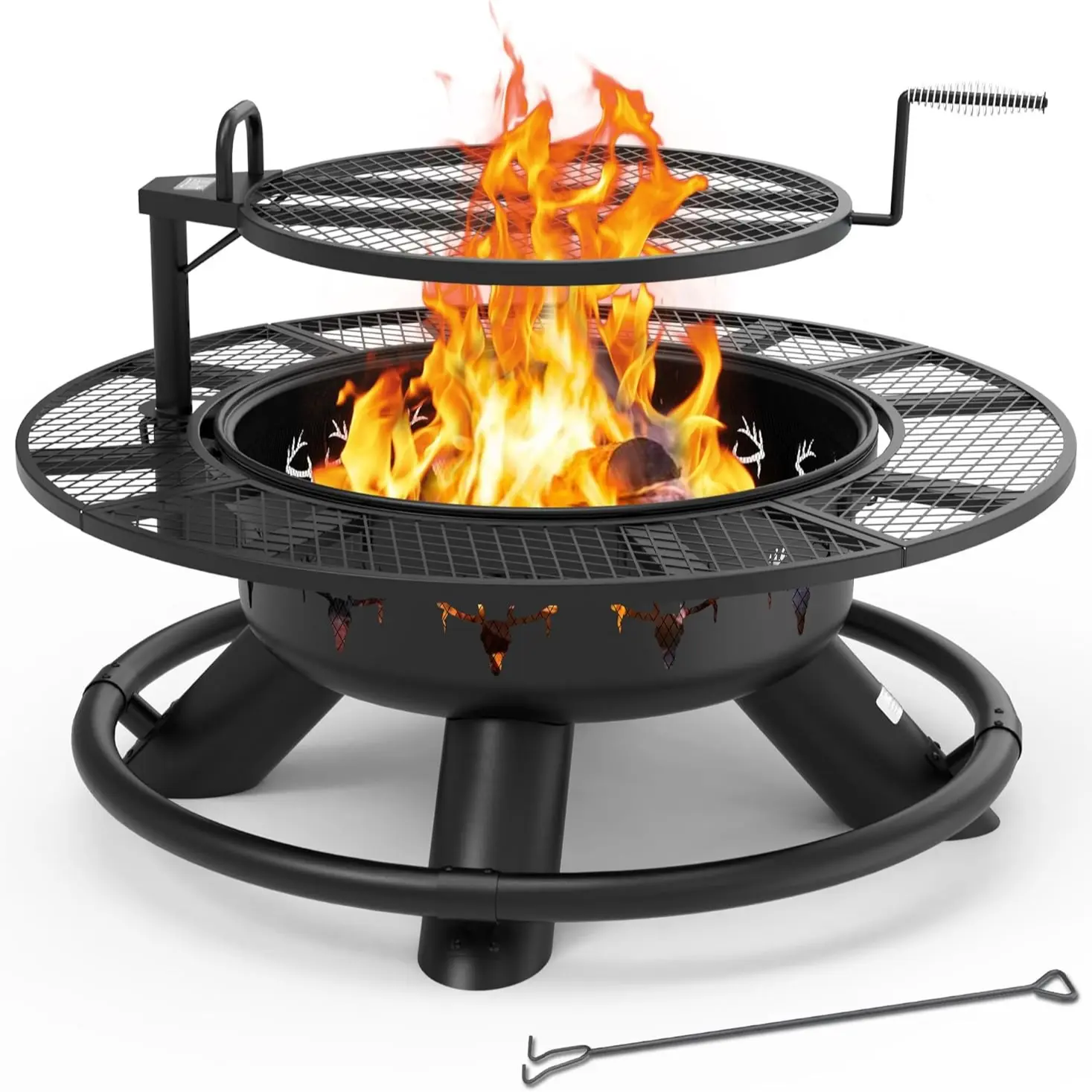 Memorial Day Sales 2-in-1 Wood Burning Fire Pit with Removable Cooking Grill Black Ultra-Durable Iron Grate 360-Degree Rotation Adjustable Height for Heating and BBQ Christmas gift
