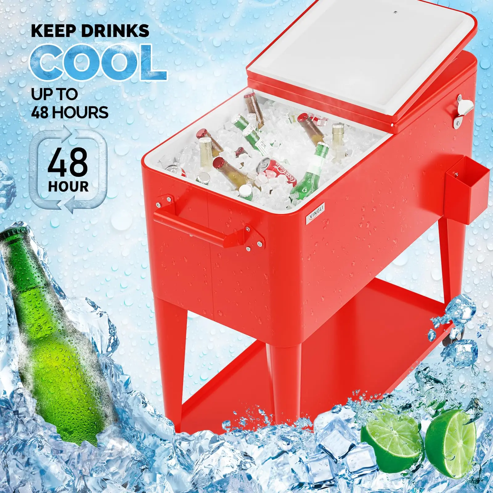 Father’s Day Gift – 80QT Rolling Ice Cooler Cart with Wheels, Shelf & Bottle Opener for Patio Parties & Outdoor Gatherings