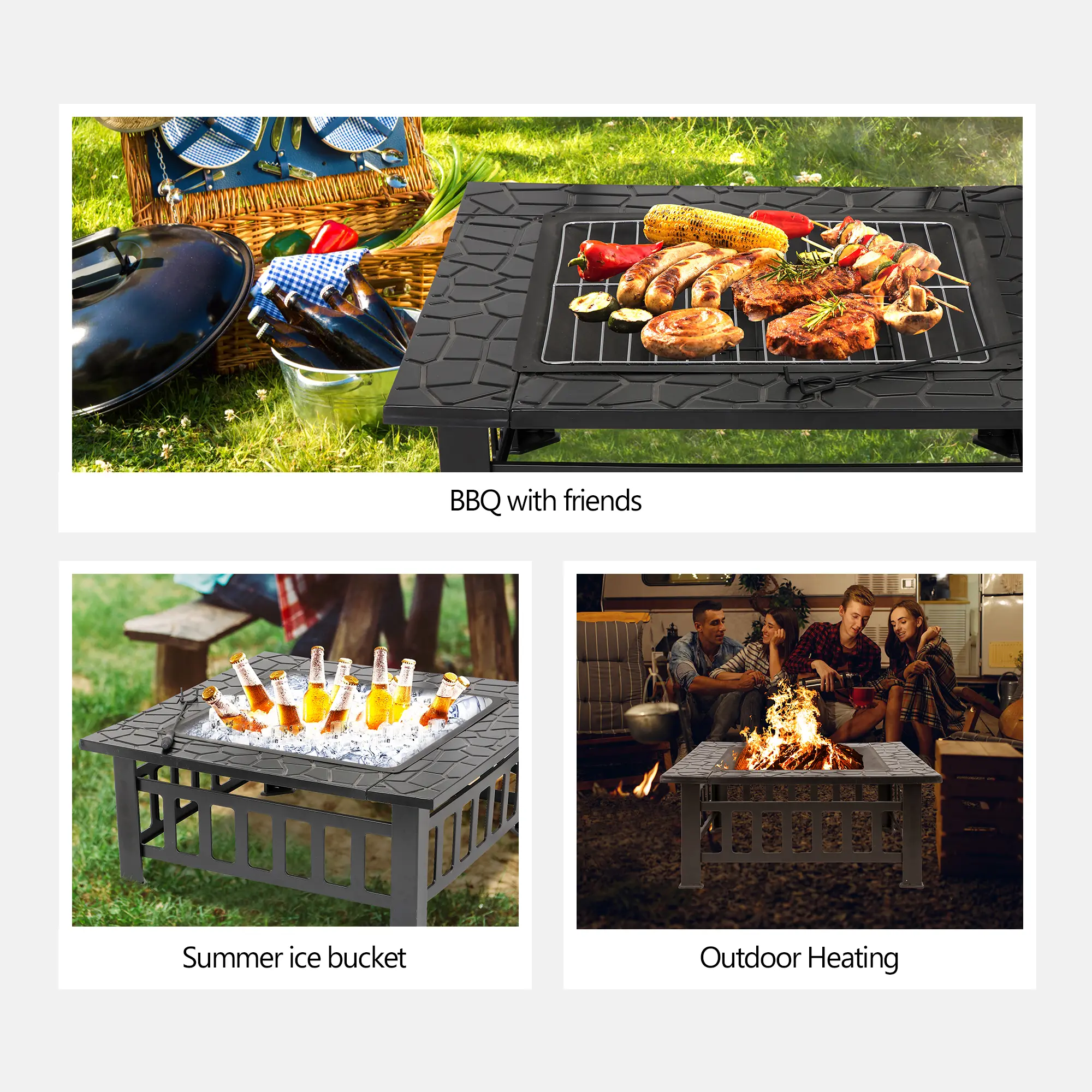 32-inch square heavy-duty steel frame wood-burning tabletop fire basin set, outdoor patio furniture, backyard decoration, suitable for family gardens, camping essential.