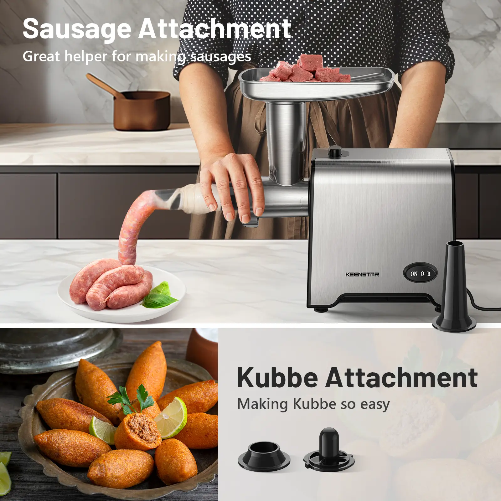 Electric Meat Grinder & Sausage Stuffer – 450W (3000W Max) Stainless Steel Food Grinder with 3 Plates & Kubbe Kit