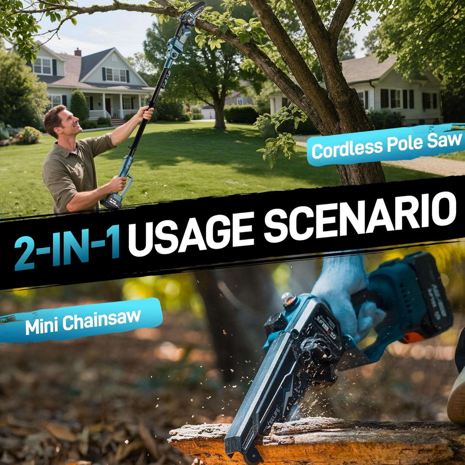 2-in-1 Cordless Electric Pole Saw & Mini Chainsaw Kit