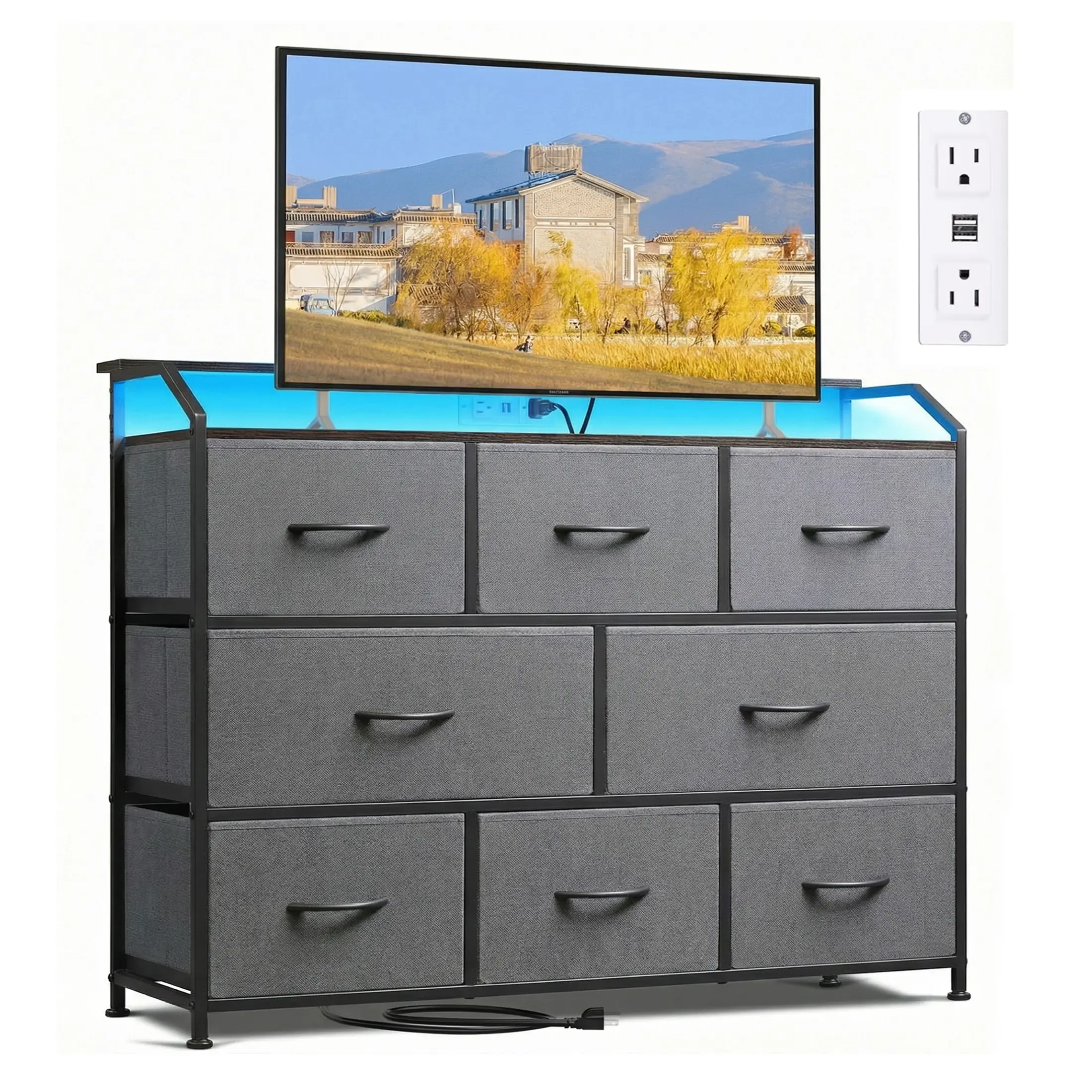 8-Drawer Storage Dresser – Modern TV Stand with Power Outlets, LED Lights & Multifunctional Storage Cabinet