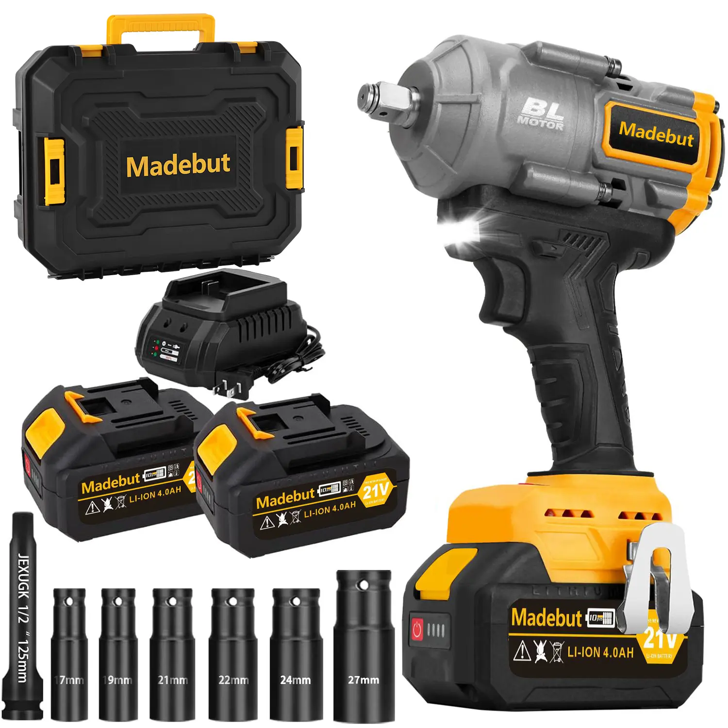 1000N.m Cordless Impact Wrench,All-Metal Cordless Impact Gun with 2 * 4.0Mah, 3-IN-1 Electric Impact Wrench