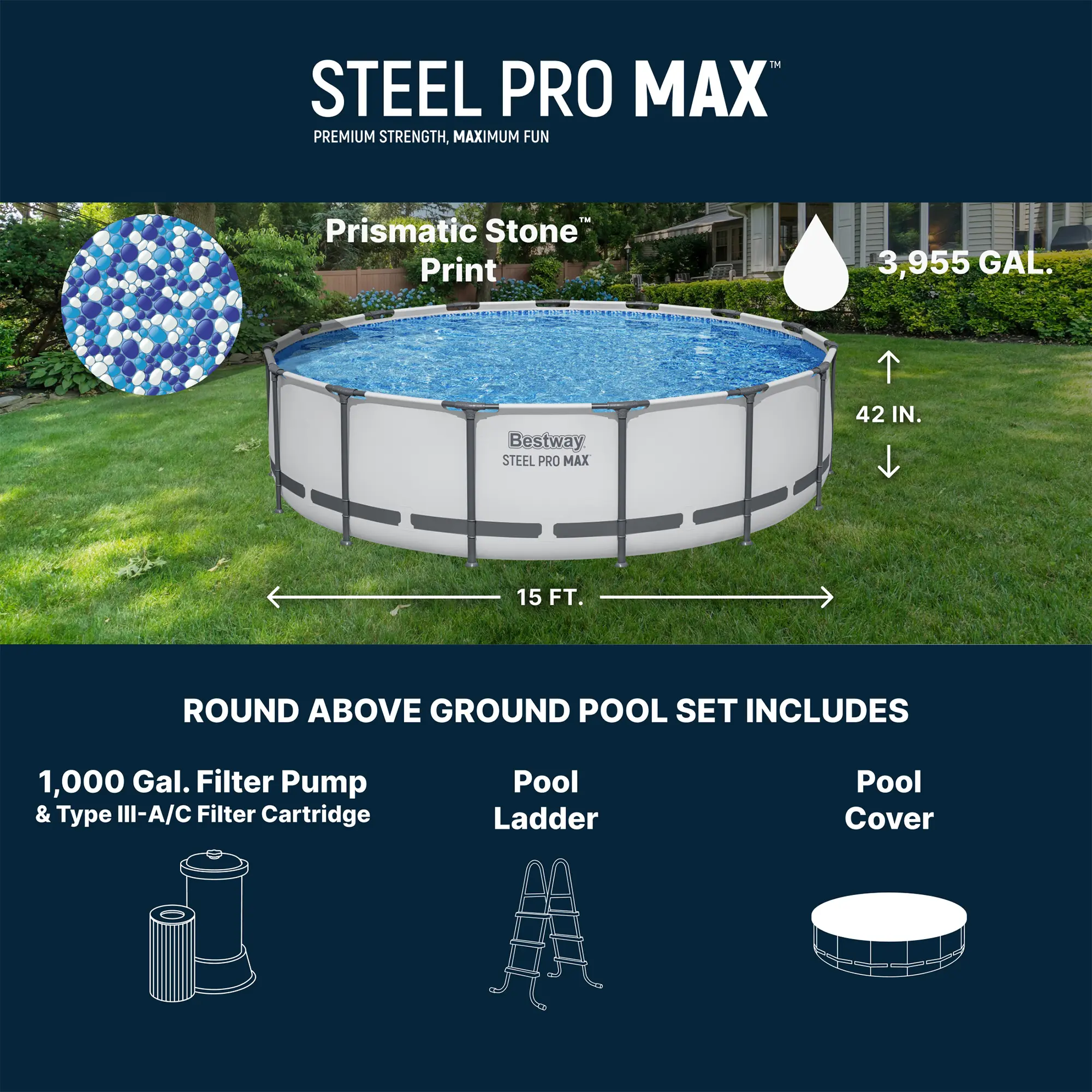 Steel Frame Above Ground Pool Set – Round Pool with Filter Pump, Ladder & Cover