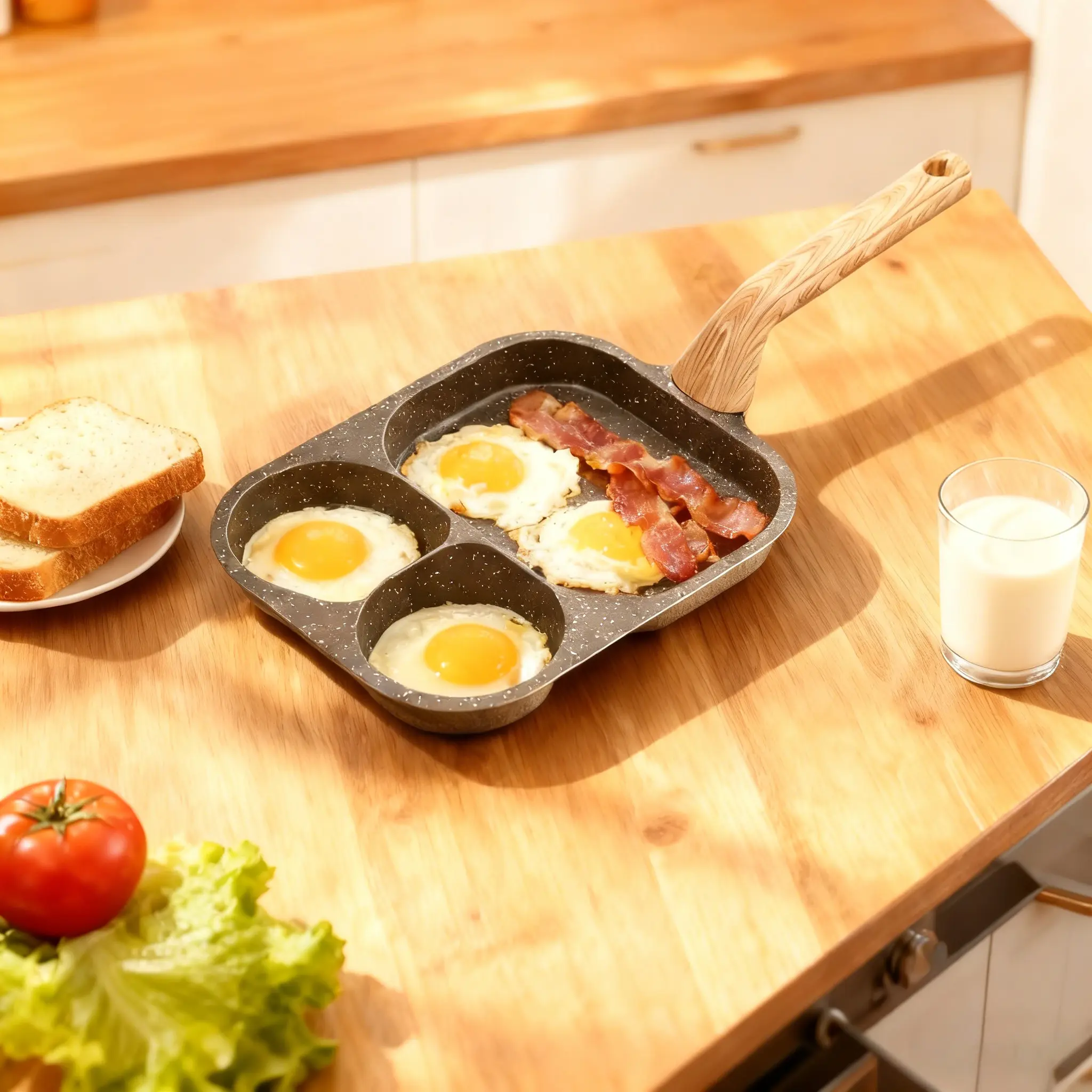 Non-stick Egg Frying Pan, 3 Holes Skillet With Handle, Nonstick 3-In-1 Divided Grill Pan - Multi-Use Egg Cooker, Omelette/Pancake Pan with Steak Function, Gas/Induction Compatible + Free Oil Brush & Scraper，Easy Clean，Breakfast Gadget，Family-Safe，