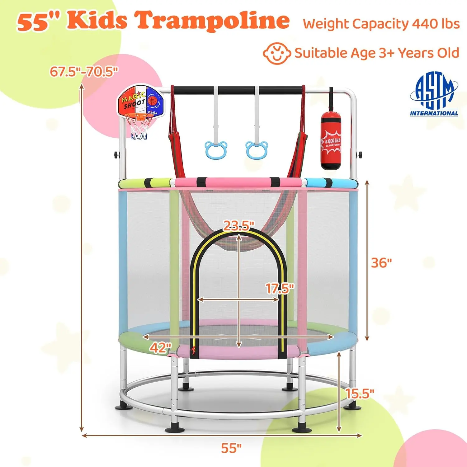 55"/60" Trampoline for Kids, No-Gap Jumping Mat, Easy to Assemble, Indoor/Outdoor, Ideal Gift for Boys and Girls,Summervibes