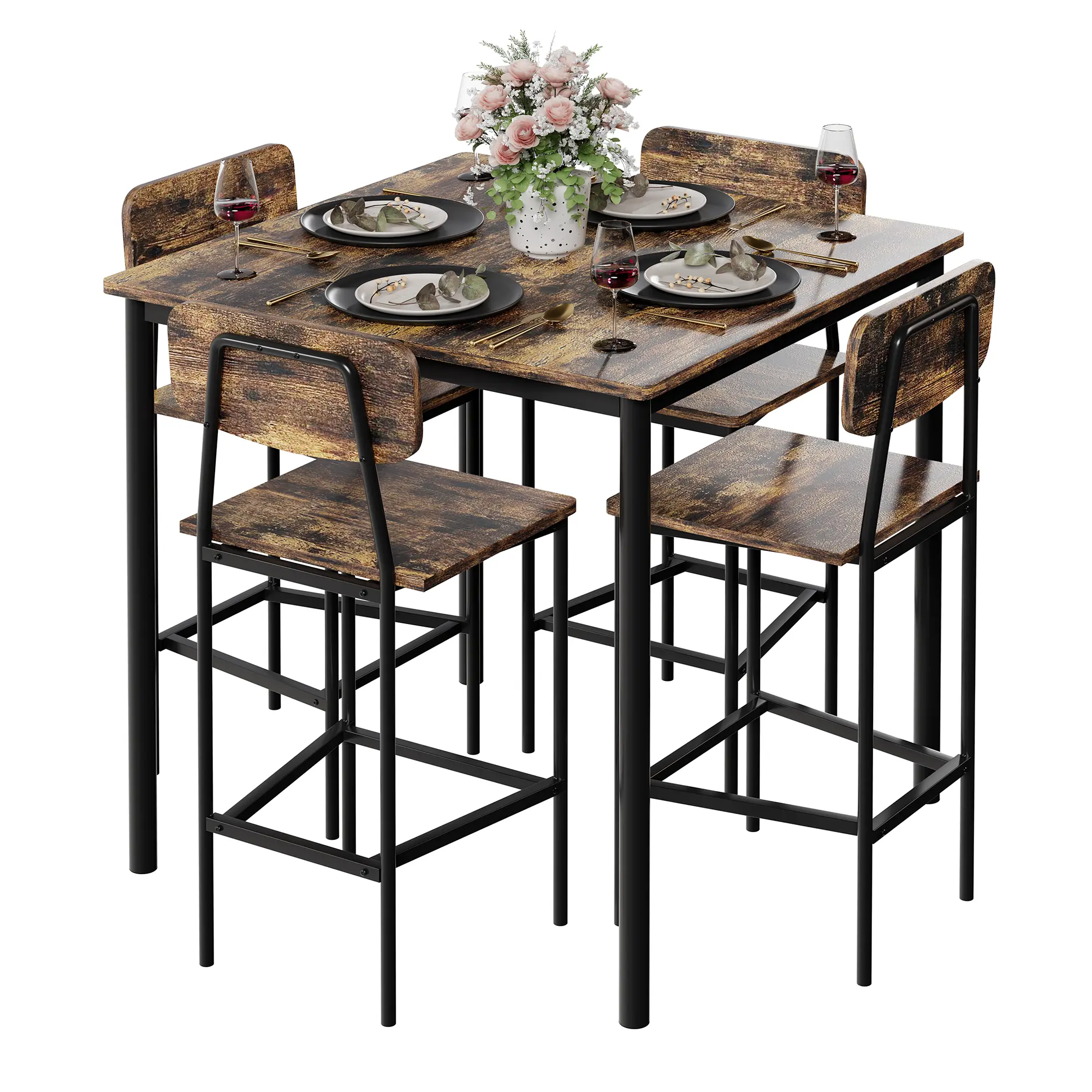 Dining Table Set for 4 – Space-Saving Retro Kitchen Table & Chair Set with Durable Metal Frame