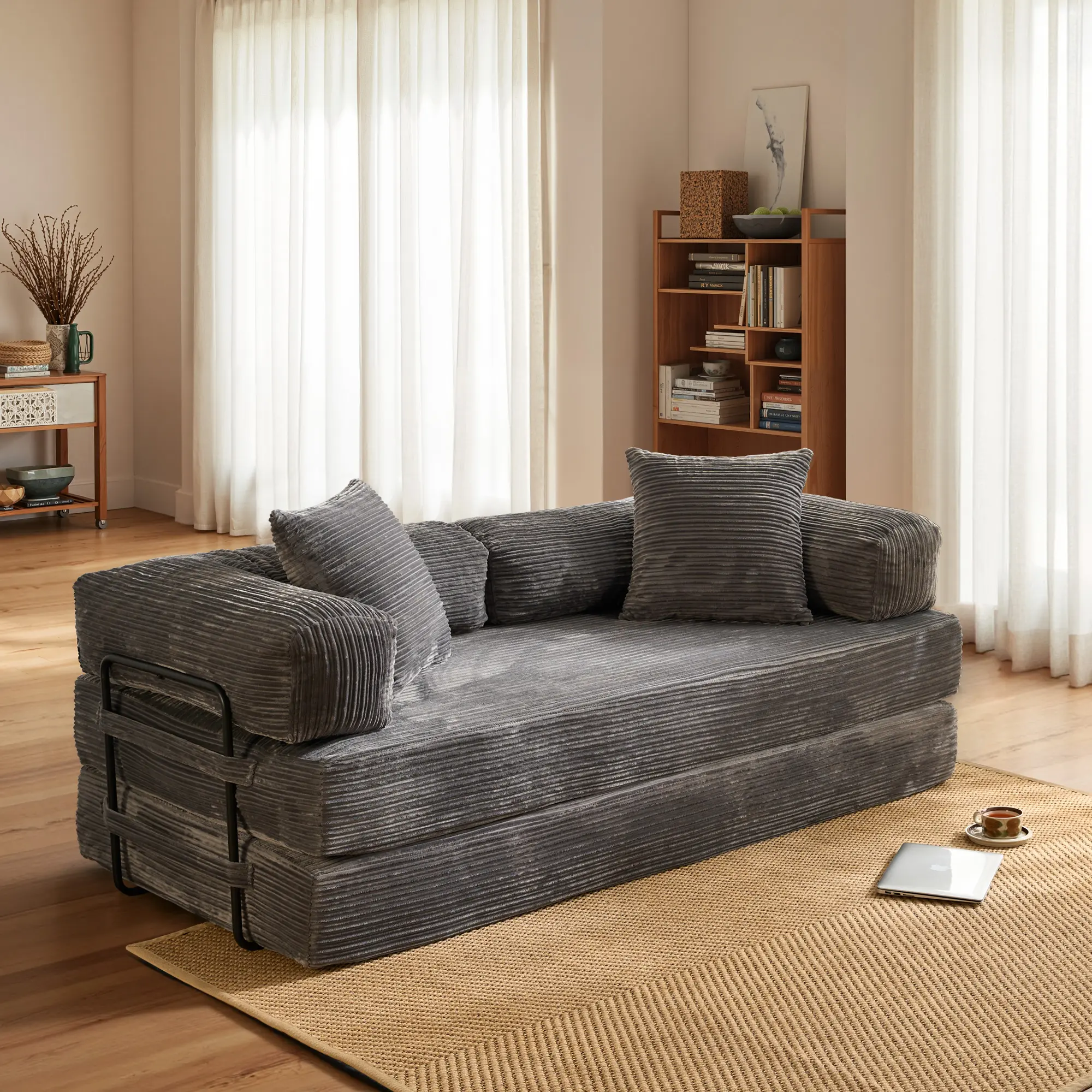 80"Oversized Boneless Couch, 5-in-1 Convertible Sleeper Sofa Bed, Deep Seat Corduroy Modular Floor Sofa, Foldable Pull-Out Couch for Living Room, Apartment,No Assembly