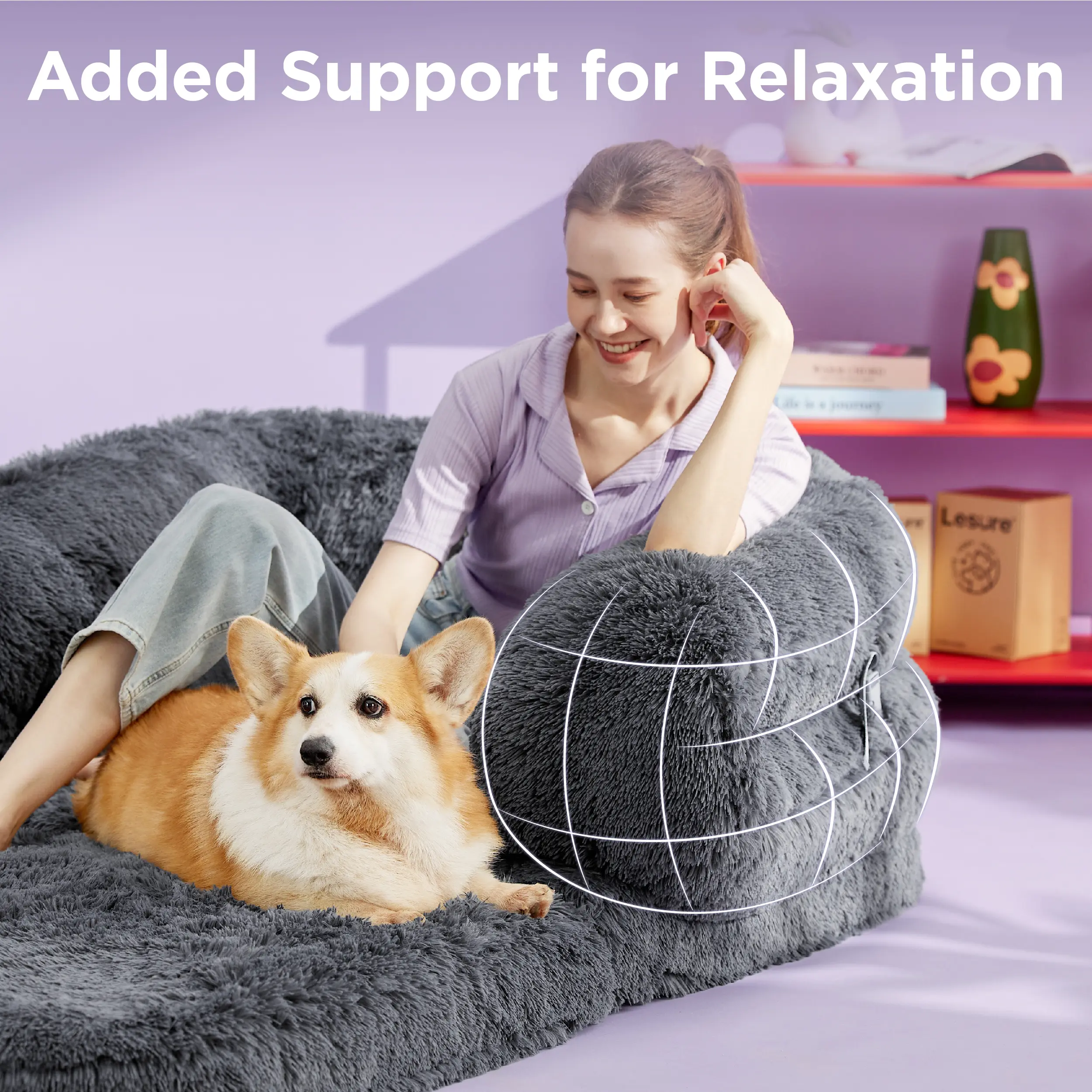 Luxury Warm Foldable 3-in-1 Flexible Giant Human Dog Bed Cozy Fluffy Faux Fur Lounge Sofa with Supportive Bolster Egg Foam Soft Plush Calming Orthopedic Bed for Comfort Classic Lounge Sofa