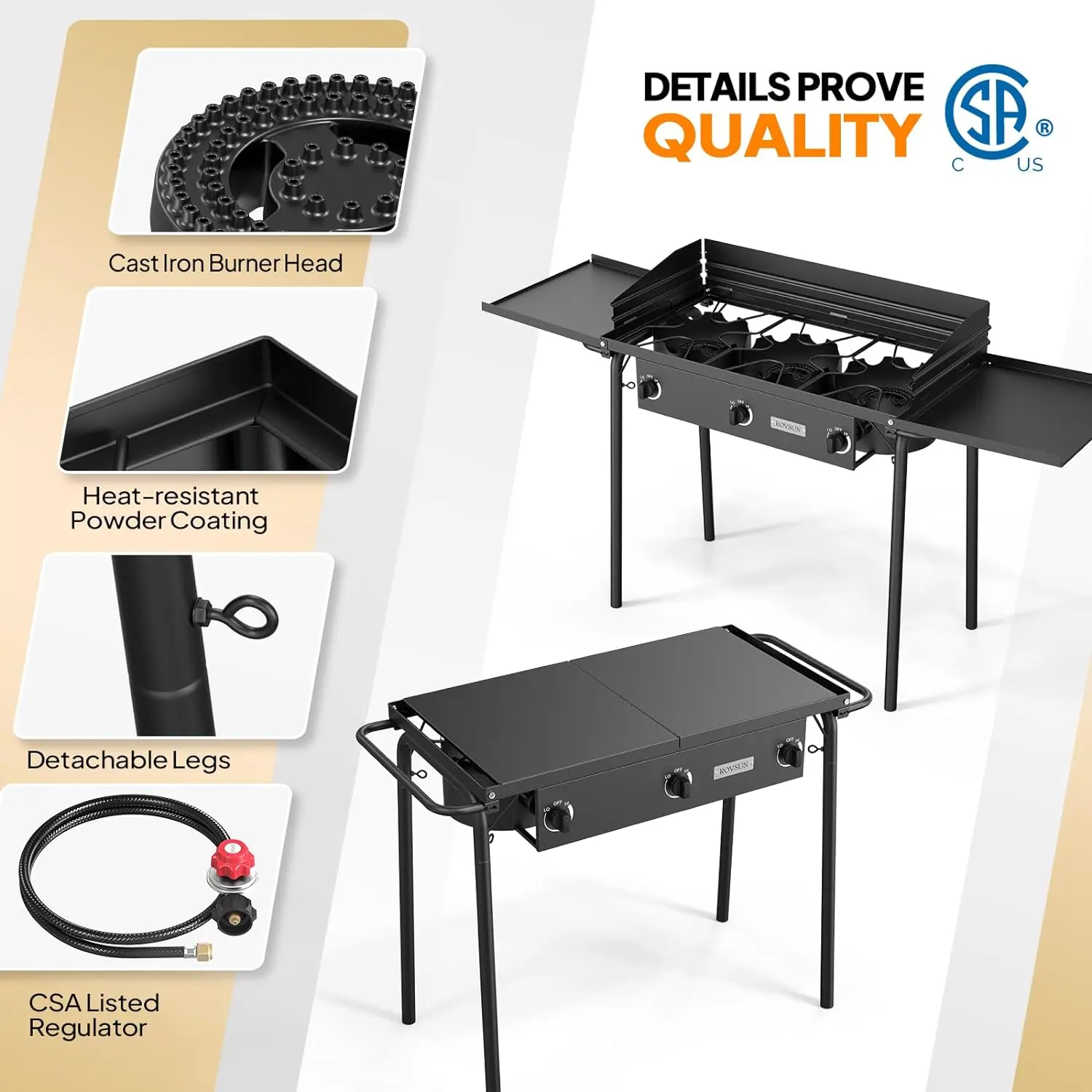 2/3 Burner Propane Gas Stove with Side Shelf & Carrying Bag, 150,000/225,000BTU Outdoor Burner with Wind Panel & CSA Listed Regulator, Picnic Cooker for Home Patio Cooking Camping
