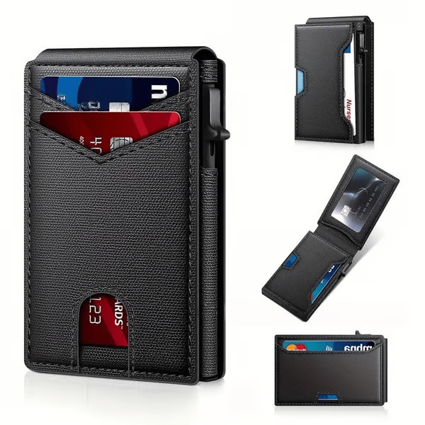 Slim Wallet for Men with Pop-Up Aluminum Case, RFID Blocking | Minimalist Leather Bifold Card Holder