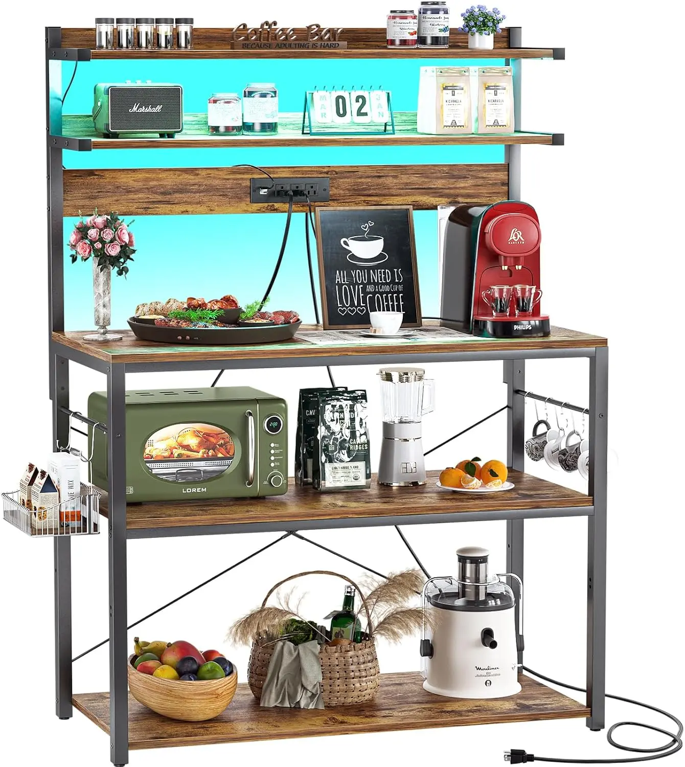 Bakers Rack with Power Outlet – 5-Tier Kitchen Storage Shelf with LED Lights, Microwave Stand & Coffee Bar Station