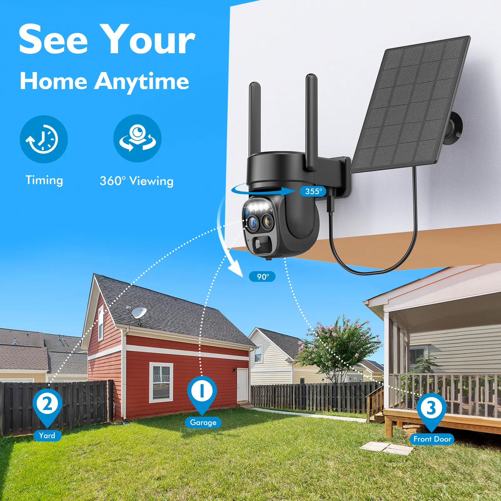 4 PC-Pannel Solar-Powered Wireless Outdoor Security Camera, Dual Lens, Dual Viewing Angle, 10x Zoom, 2K Resolution, 3MP, 360° Pan/Tilt, 2.4 and 5G WiFi, Battery-Powered Camera, Spotlight, Alarm, PIR Motion Detection