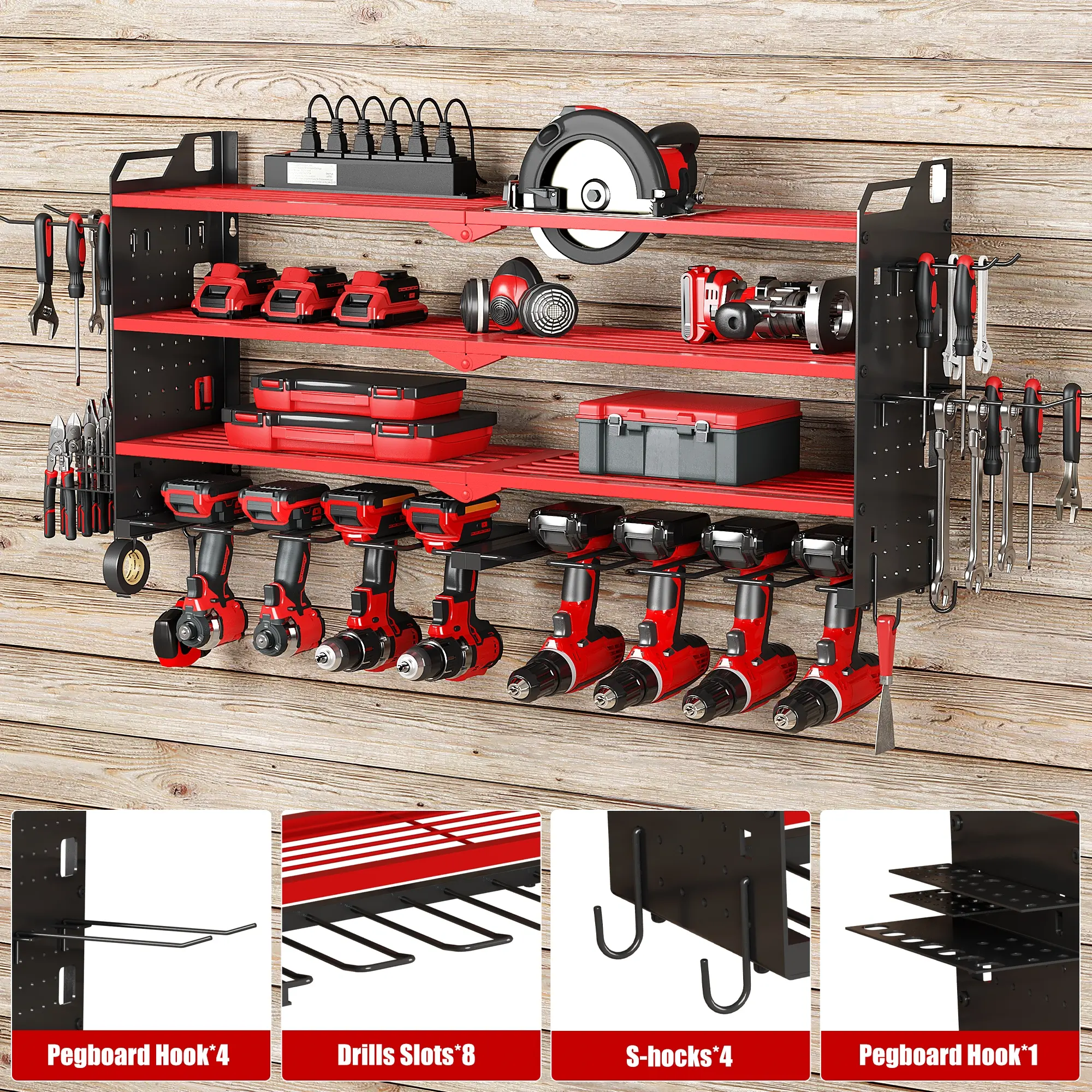 Tool Rack Organizer Wall Mount with 8 Drill Holders 4 Layers Large Capacity Rack for Garage Heavy Duty Sturdy Construction Easy Assembly