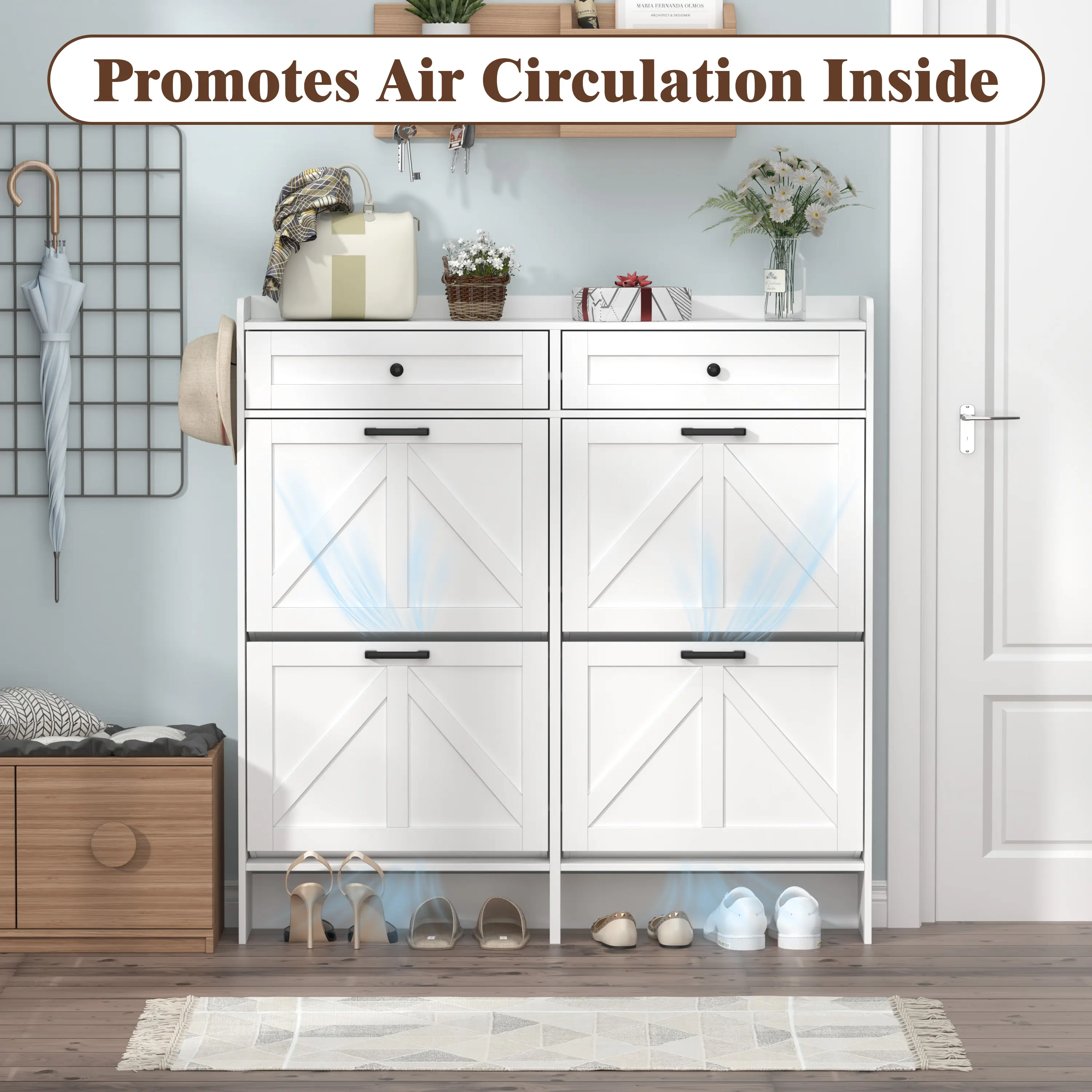 Shoe Storage Cabinet for Entryway, Farmhouse Wide Shoe Cabinet with 4 Flip Drawers and 2 Top Drawers, Freestanding Organizer with Adjustable Shelves, Hooks