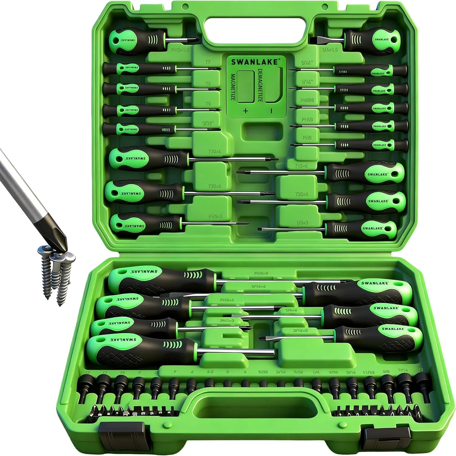 Magnetic Screwdriver Set with Plastic Racking, Includes SAE & Metric Hex Keys, Precision Screwdriver and Magnetizer Demagnetizer