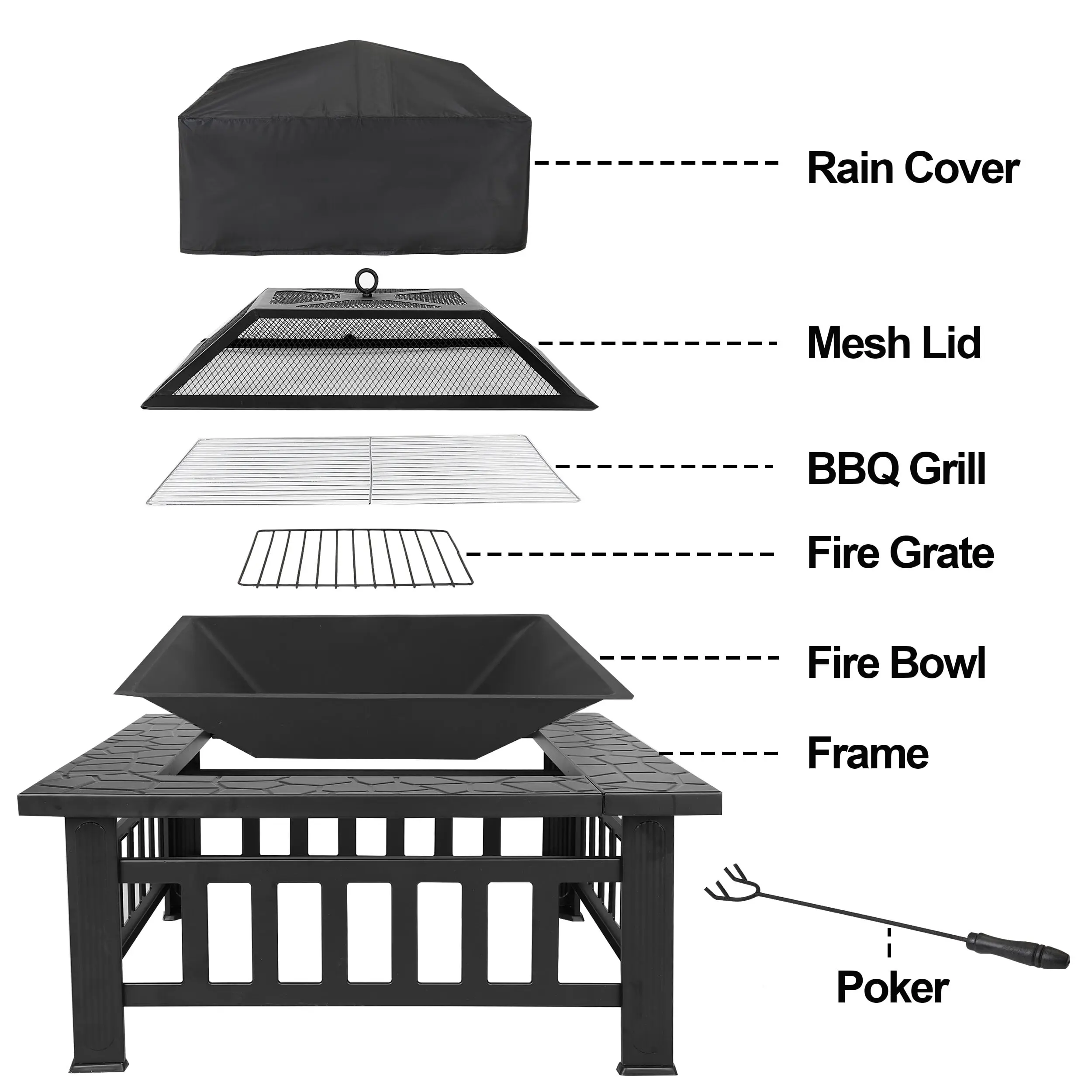 32-inch square heavy-duty steel frame wood-burning tabletop fire basin set, outdoor patio furniture, backyard decoration, suitable for family gardens, camping essential.