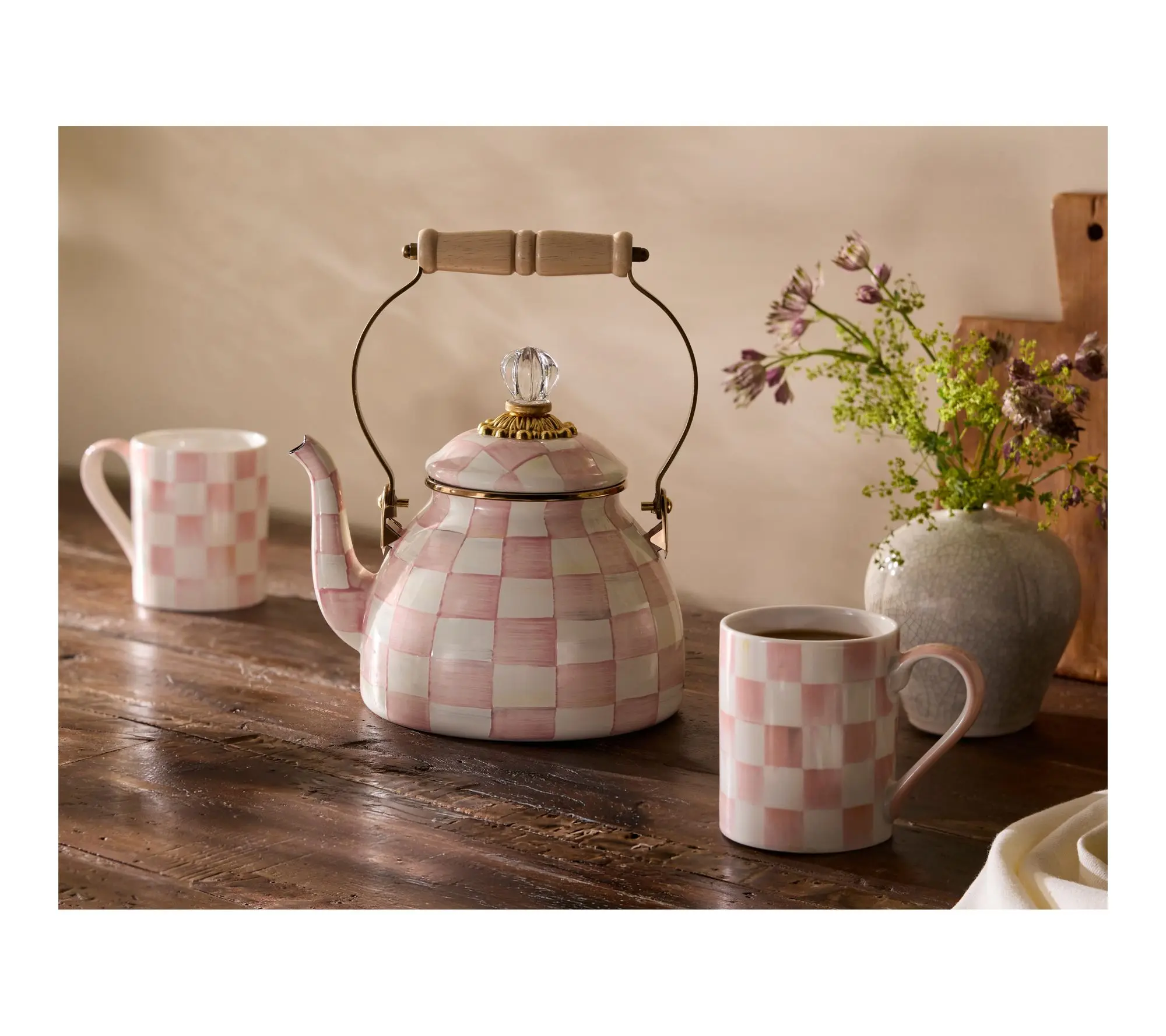 2QT Enamel Tea Kettle & 2 Mug Set – Elegant Tea-Time Collection for Everyday Sipping & Entertaining