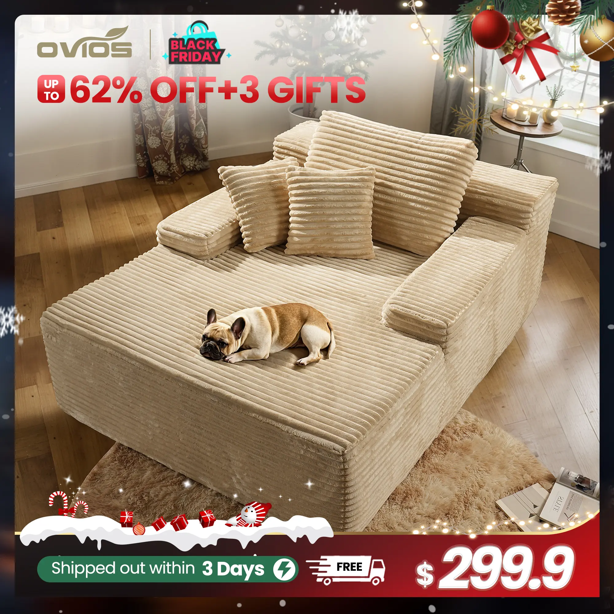 49'' Boneless Chaise Lounge with Cup Holders, Upholstered Sofa Bed with Throw Pillows and Armrests, Indoor Sleeper Chair- Luxurious Plush Corduroy Chair Bed for Living Room - No Assembly Required