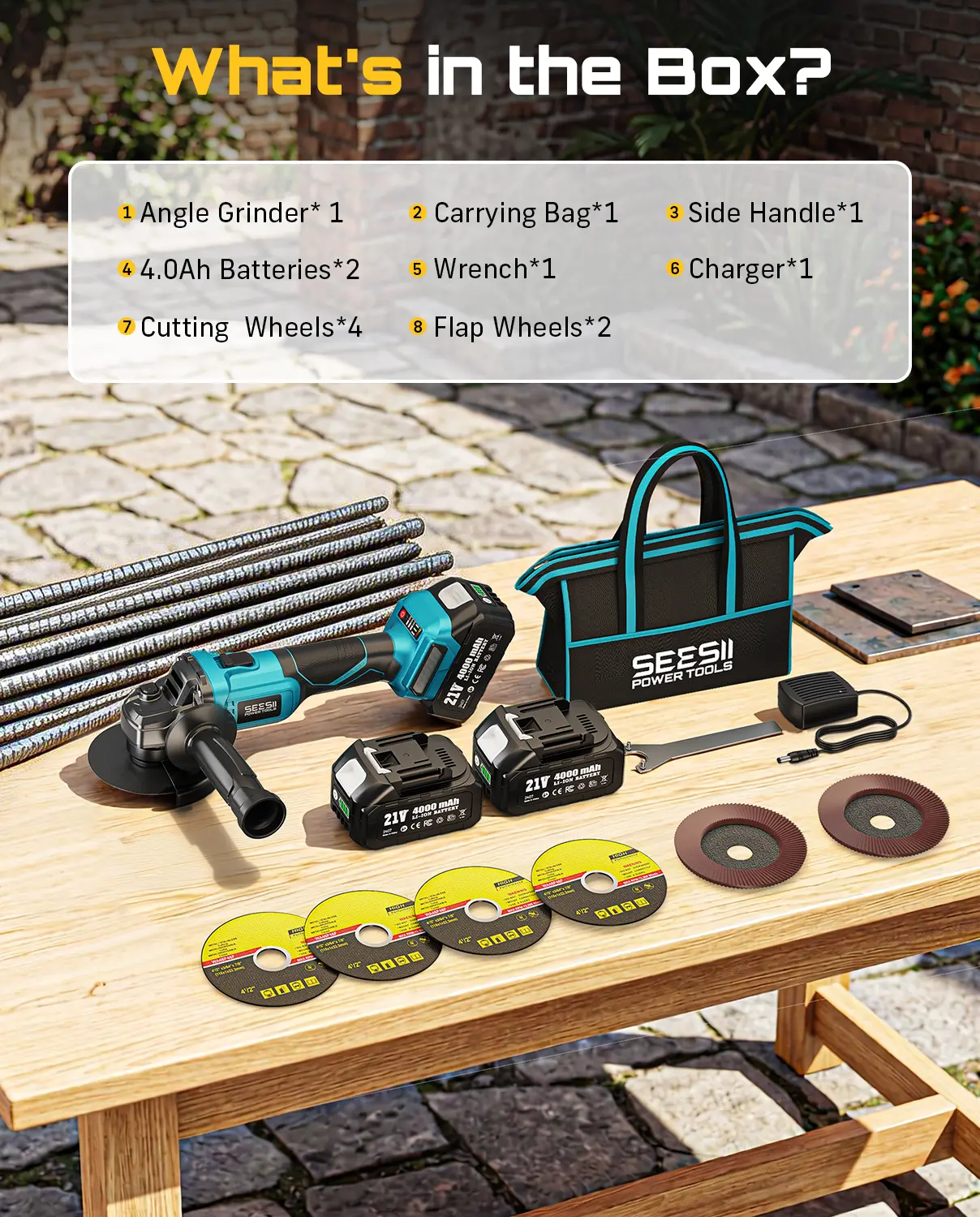 Cordless Angle Grinder Kit – Brushless 10,000RPM, 2x4.0Ah Batteries, 4-1/2'' Cutting, Flap & Wool Wheels for Precision Grinding