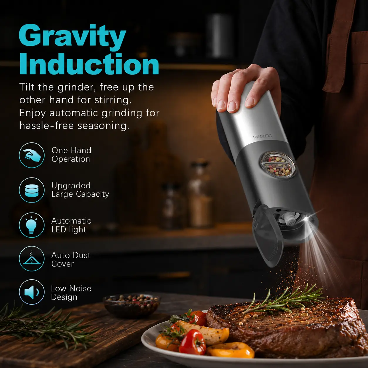 2PCS Rechargeable Salt & Pepper Grinder Set – Adjustable Stainless Steel Grinders with LED One-Hand Operation