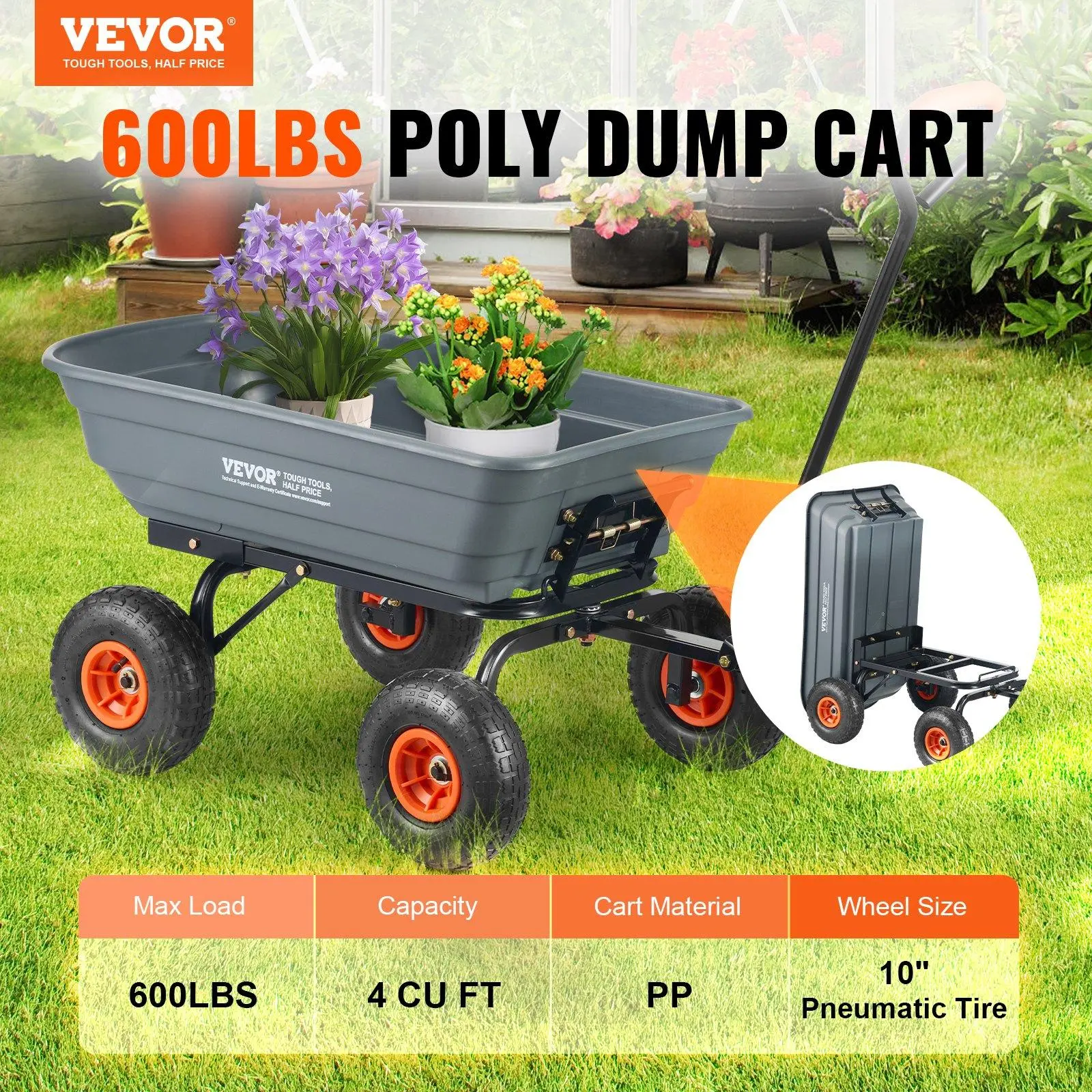 Garden Cart, Durable Poly Dump Cart with Simple Assembly Steel Frame, Versatile Dump Wagon with Dual-Function Handle, 6.48 cu.ft Utility Barrow 1200 lbs Load, 13 inch Wheels, Heavy Duty Wagon