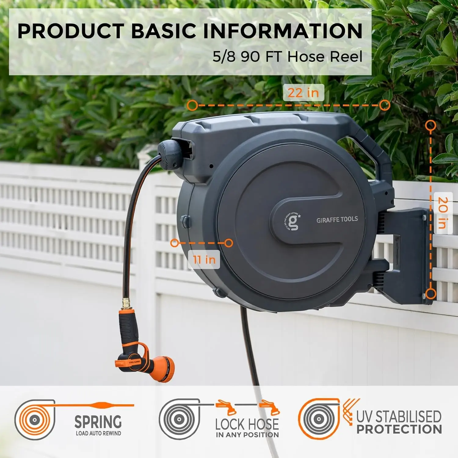 78ft-130ft 330LB Metal Bracket Retractable Garden 5/8in 1/2in , Wall Mounted Water Hose Reel with 180° Swivel, Any Length Lock, 9 Pattern Hose Nozzle