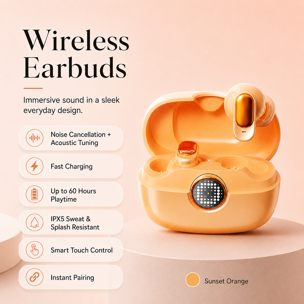 Wireless Waterproof Earbuds with Noise Reduction & 60H Playtime