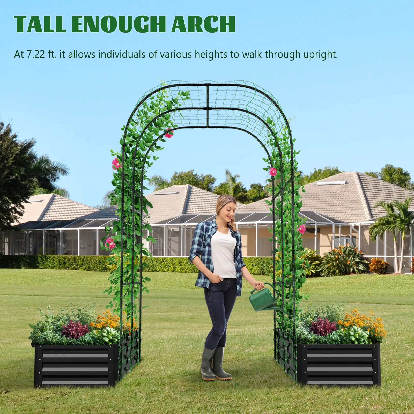 3-in-1 DIY Metal Raised Garden Bed with Arch Trellis, Wind-Resistant Heavy Duty Planter Box with Netting, Open Bottom Garden Bed for Climbing Plants Vegetables Flowers