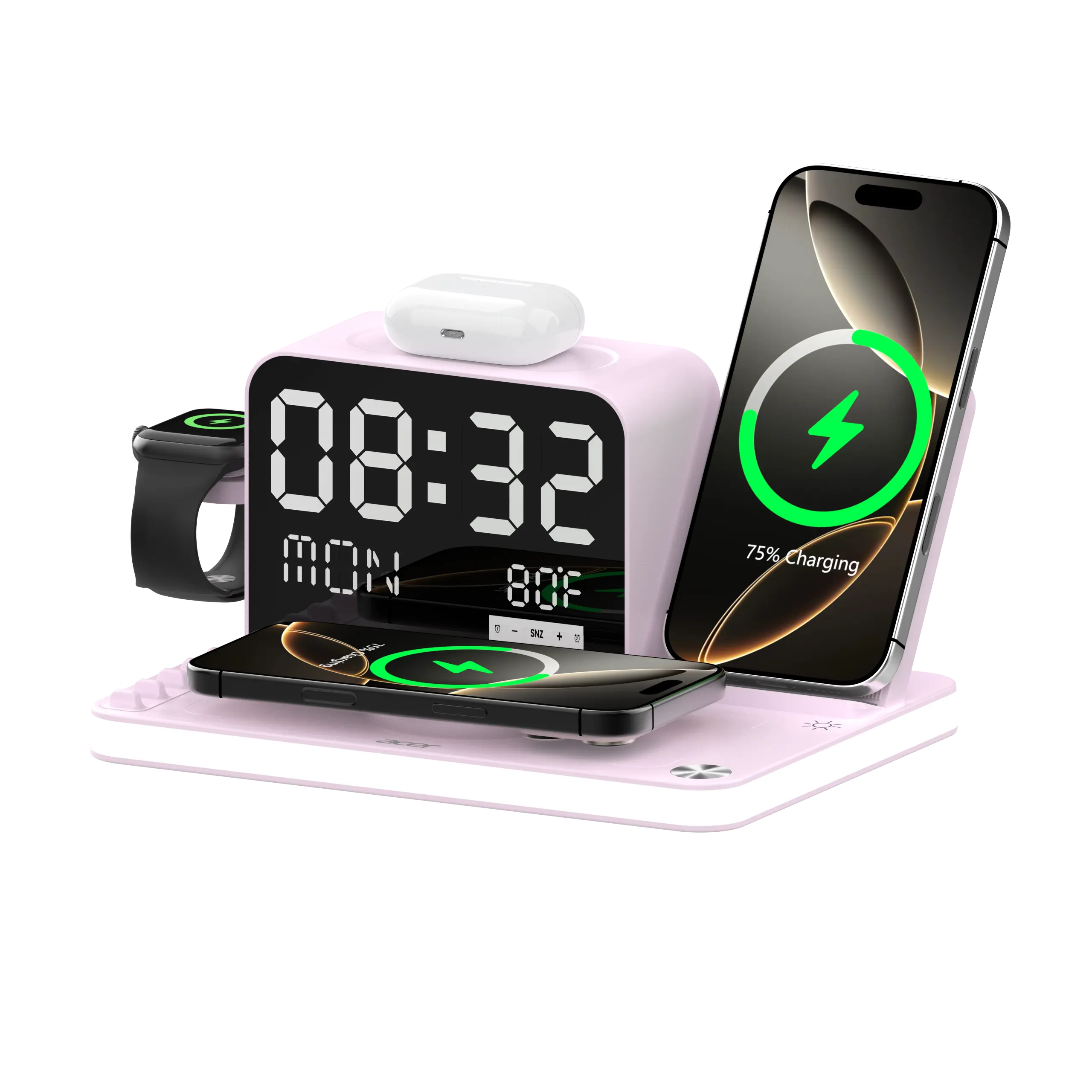 7-in-1 Wireless Charging Station – Fast Charger with LED Night Light, Bluetooth Clock & Temperature Display for iPhone, Apple Watch & AirPods