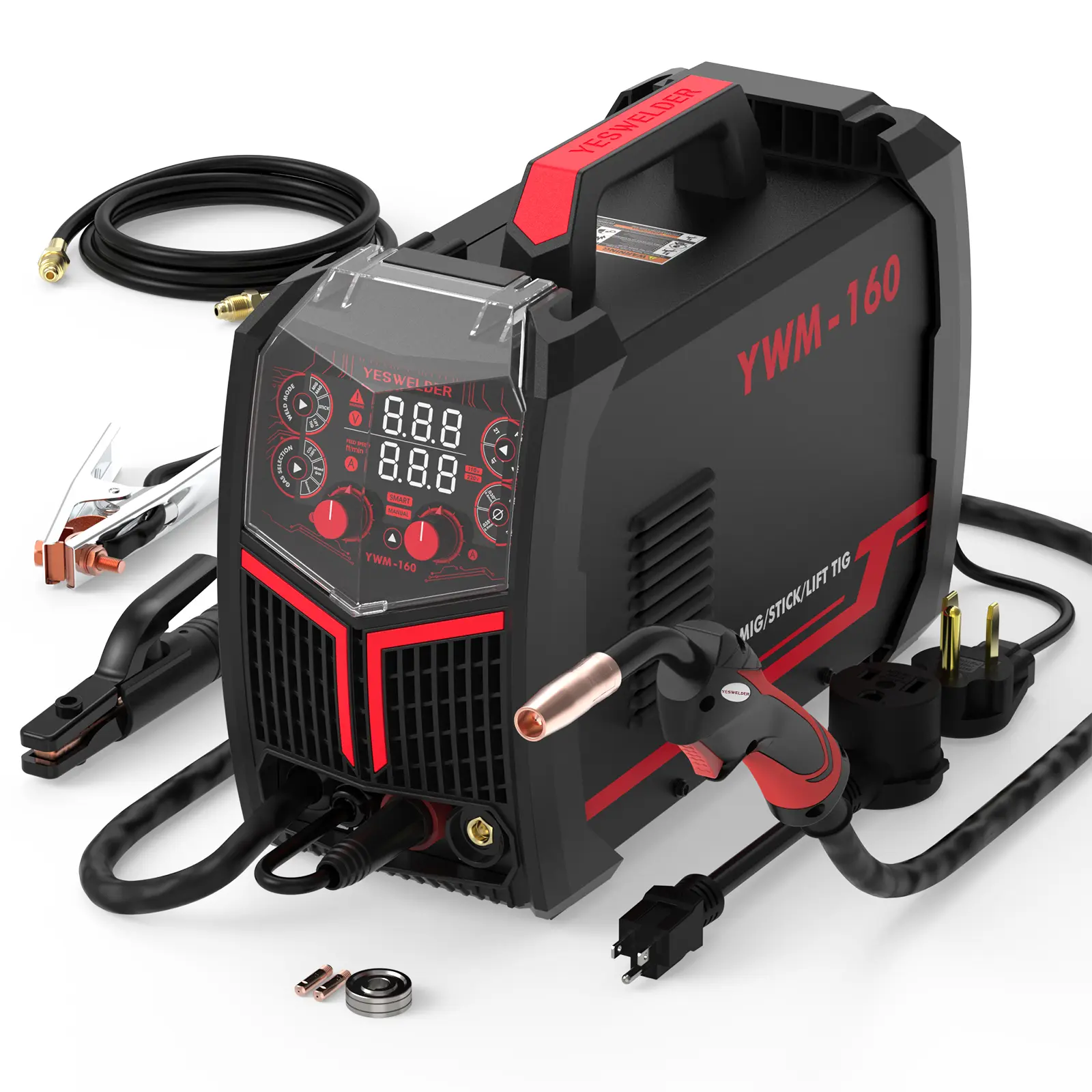 160A 4-in-1 MIG Welder – Gas/Gasless Flux Core, TIG & Stick, 110/220V Dual Voltage with Digital Display