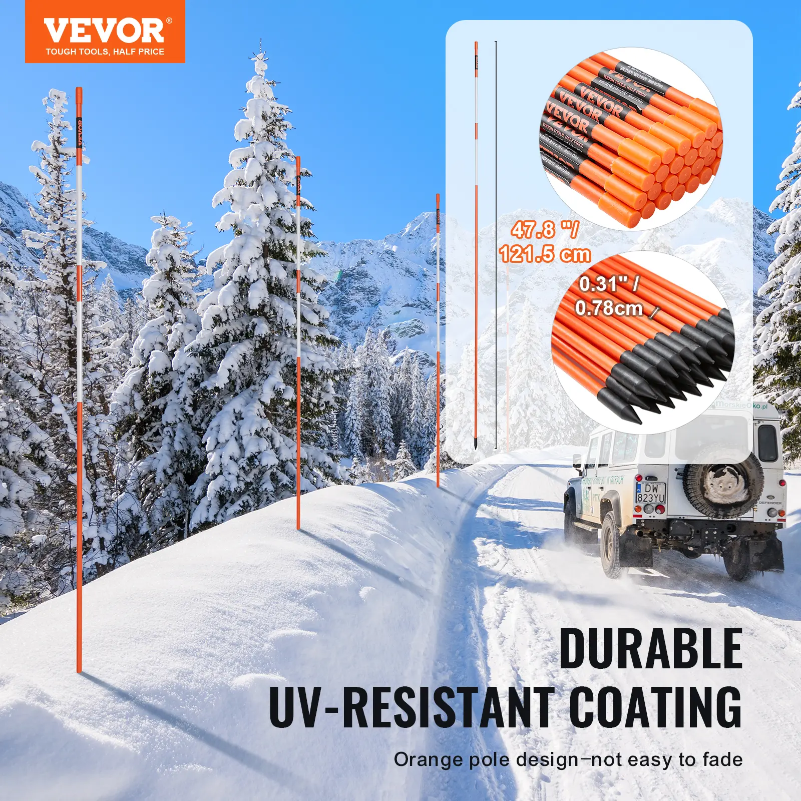 Driveway Markers, 100 PCS 48in 0.4in Diameter Lightweight Orange Fiberglass Snow Stakes with Reflective Tape, 12in Steel Drill Bit & Protection Gloves for Courtyards, Easy Installation, Security & Rainy Day Visibility