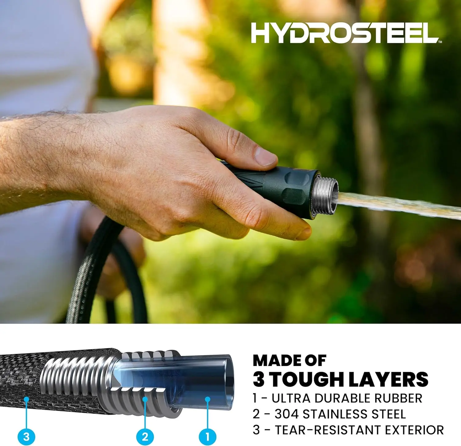 Heavy Duty 3-Layer Garden Hose with Spray Nozzle - 500 PSI High Pressure Stainless Steel Flexible Water Hose, Kink Resistant for Yard & Car Washing