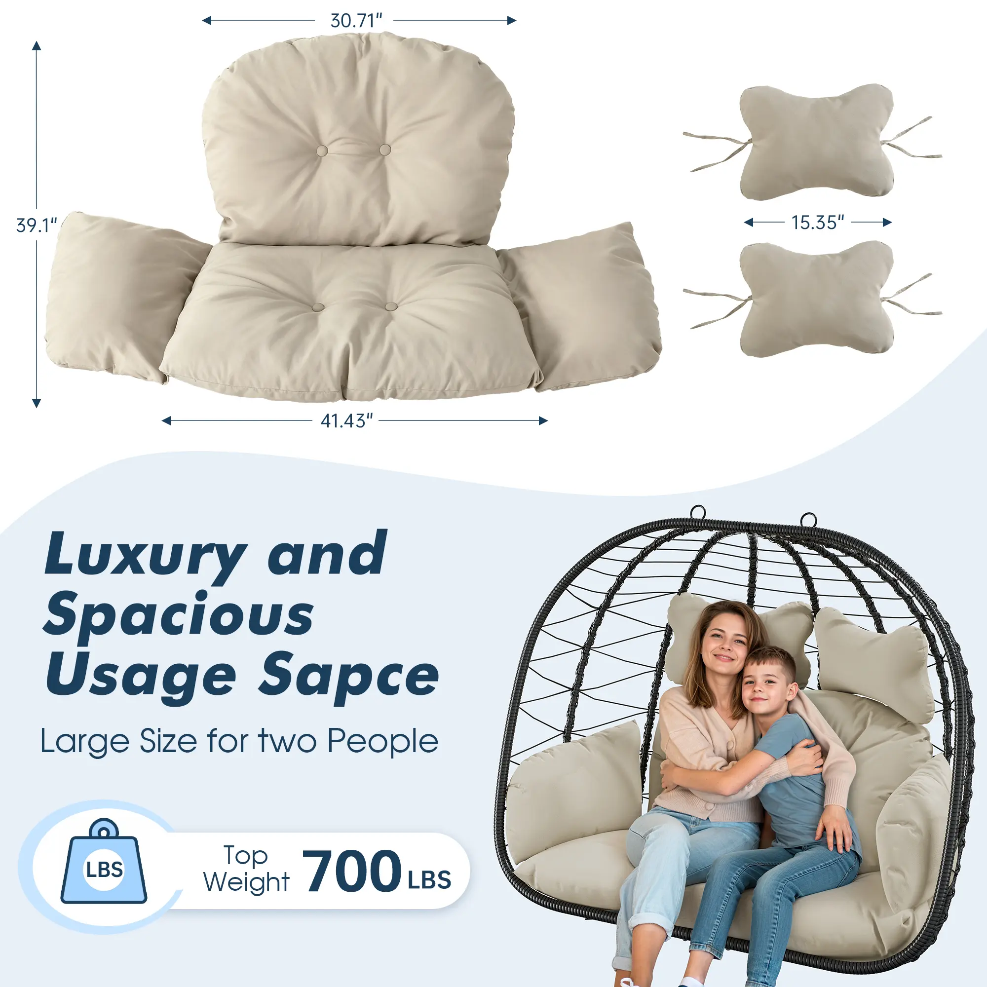 Double Hanging Egg Chair – Foldable Wicker Patio Swing with Cushions, Rust-Resistant Frame & 700 lb Capacity
