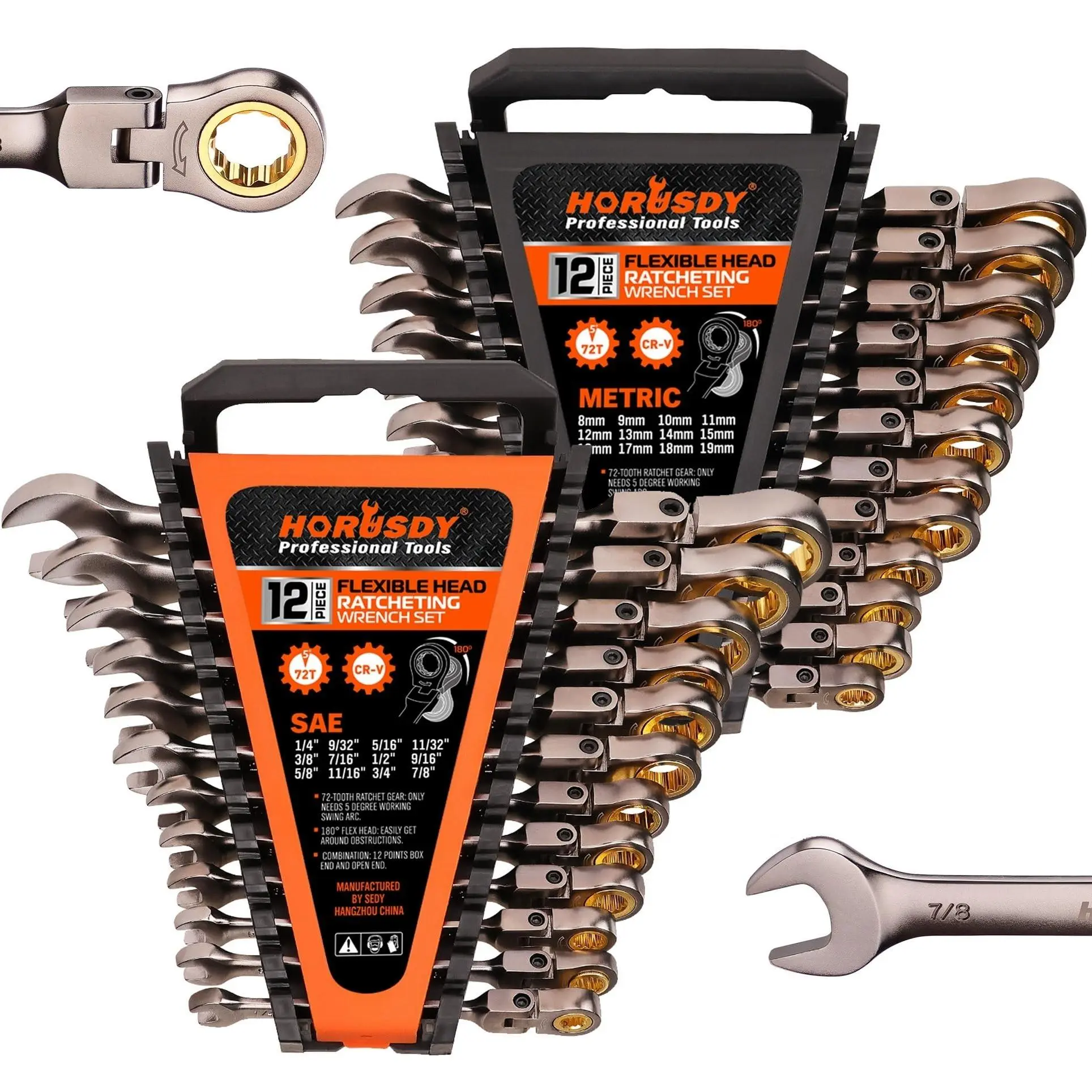 【Father's Day Gift】24PC Flex-Head Ratcheting Wrench Set | Metric and SAE | Ratchet Combination Wrenches Set with Organizer | 72-Teeth | Chrome Vanadium Steel Hardware, Gift, Spring Glow Up