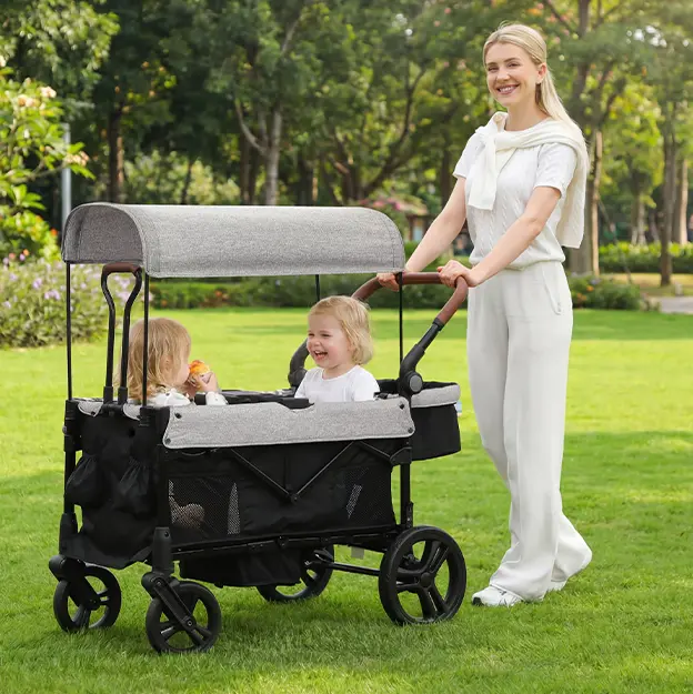 Stroller Wagon for 2 Kids, All-Terrain Foldable Kids Wagon Stroller with Removable Canopy, Mosquito Net, Snack Tray, Cup Holders & Storage Basket