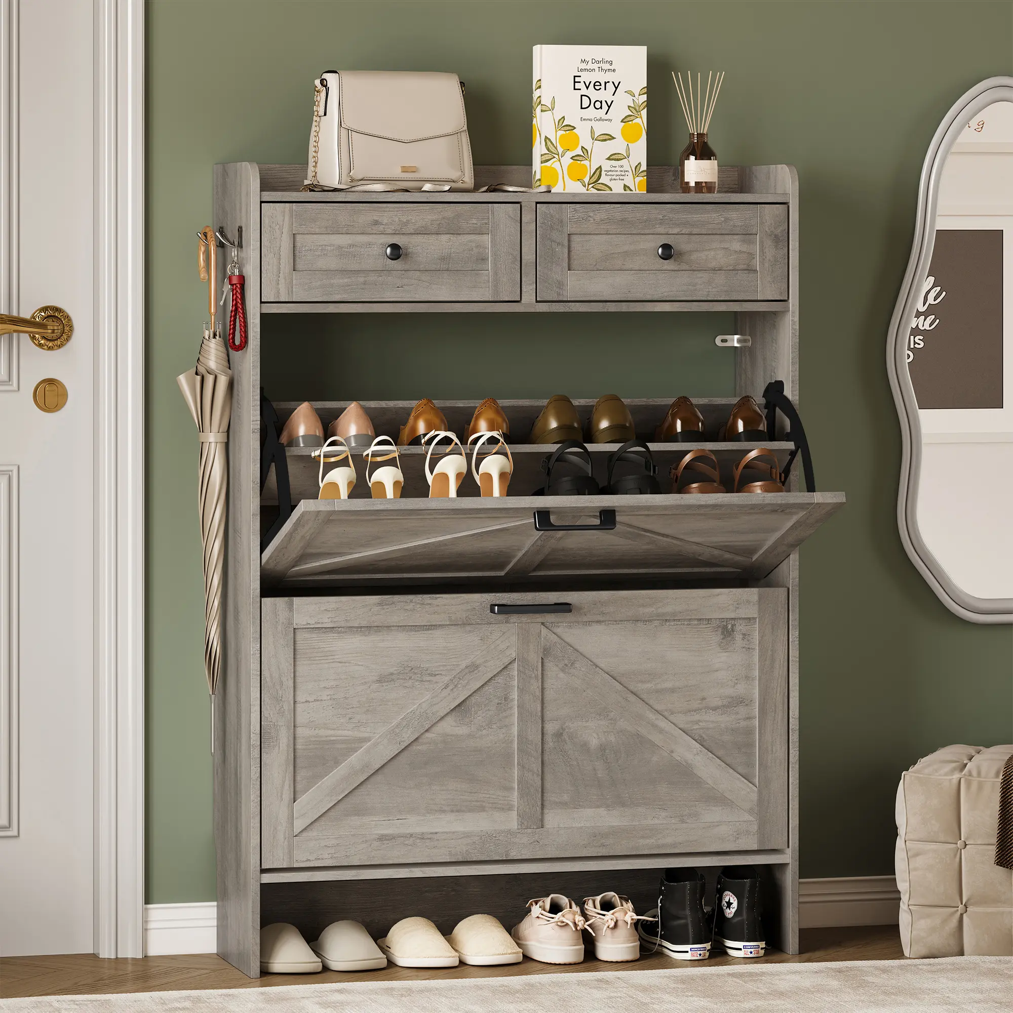 Shoe Storage Cabinet for Entryway, Farmhouse Wide Shoe Cabinet with 4 Flip Drawers and 2 Top Drawers, Freestanding Organizer with Adjustable Shelves, Hooks
