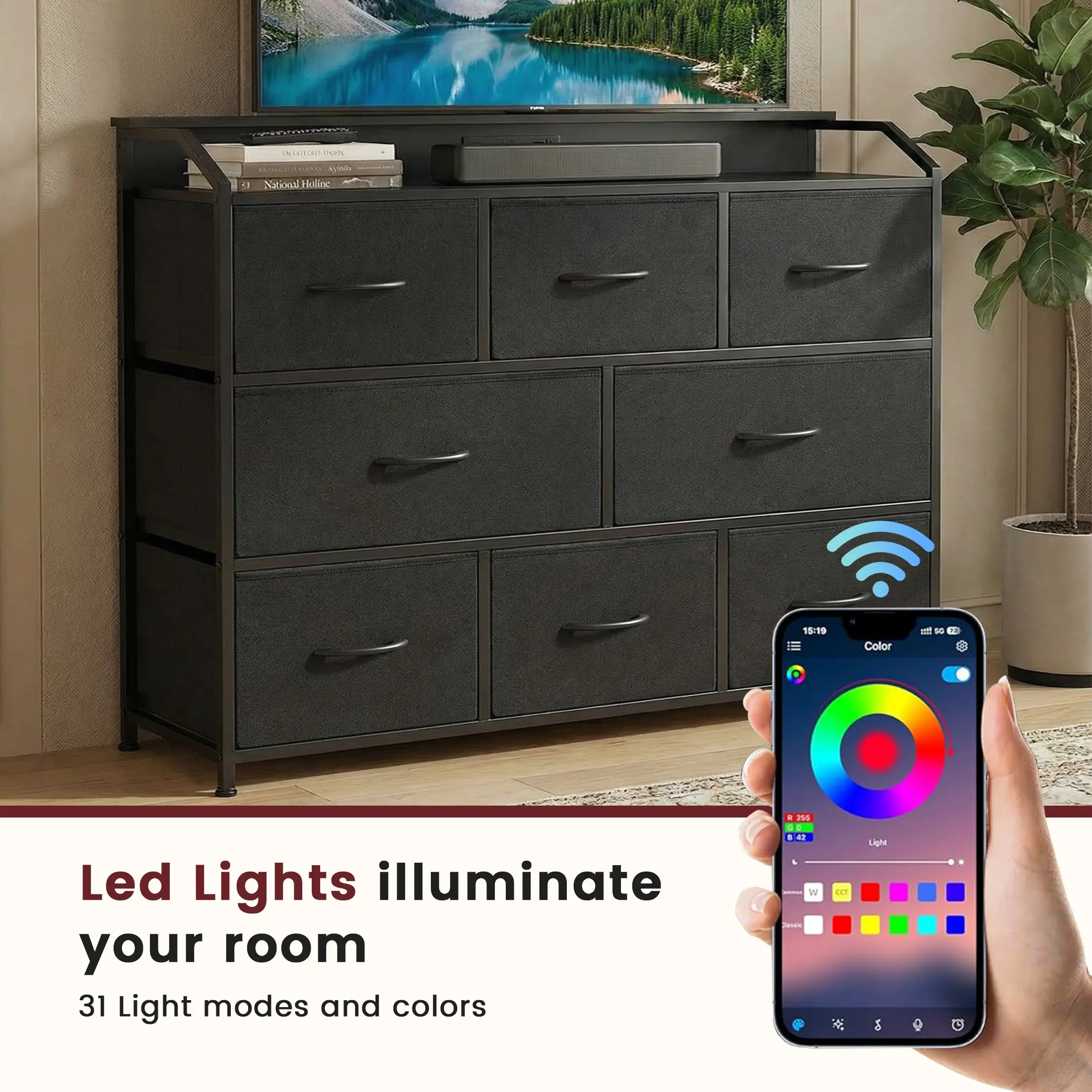 8-Drawer Storage Dresser – Modern TV Stand with Power Outlets, LED Lights & Multifunctional Storage Cabinet