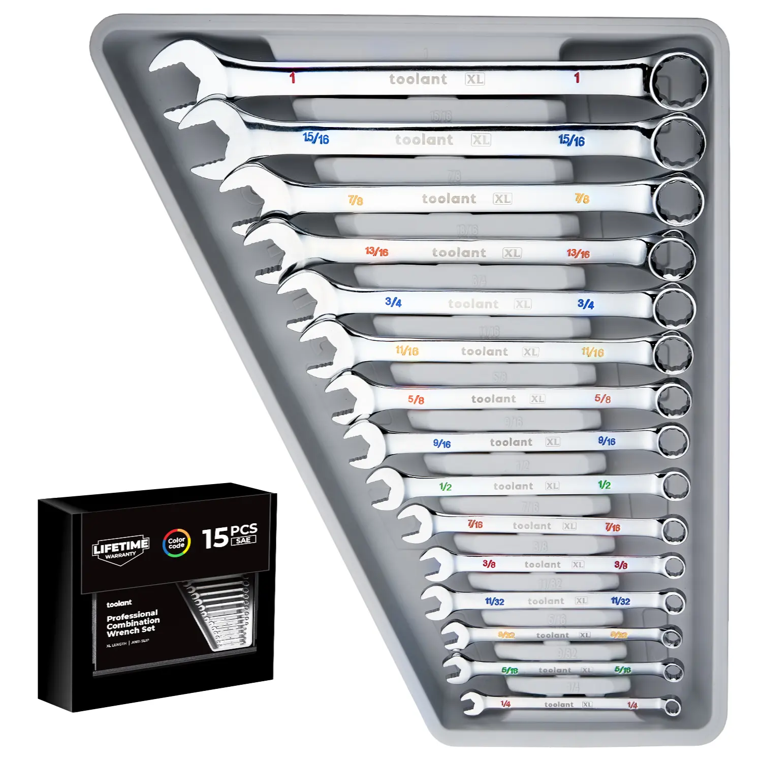 30pcs Metric & SAE Combination Spanner Wrench Set - Long Pattern Offset Heads, Anti-Slip Teeth, Color-Coded Markings - Mechanic Tools, Tools and Gadgets for Auto Maintenance