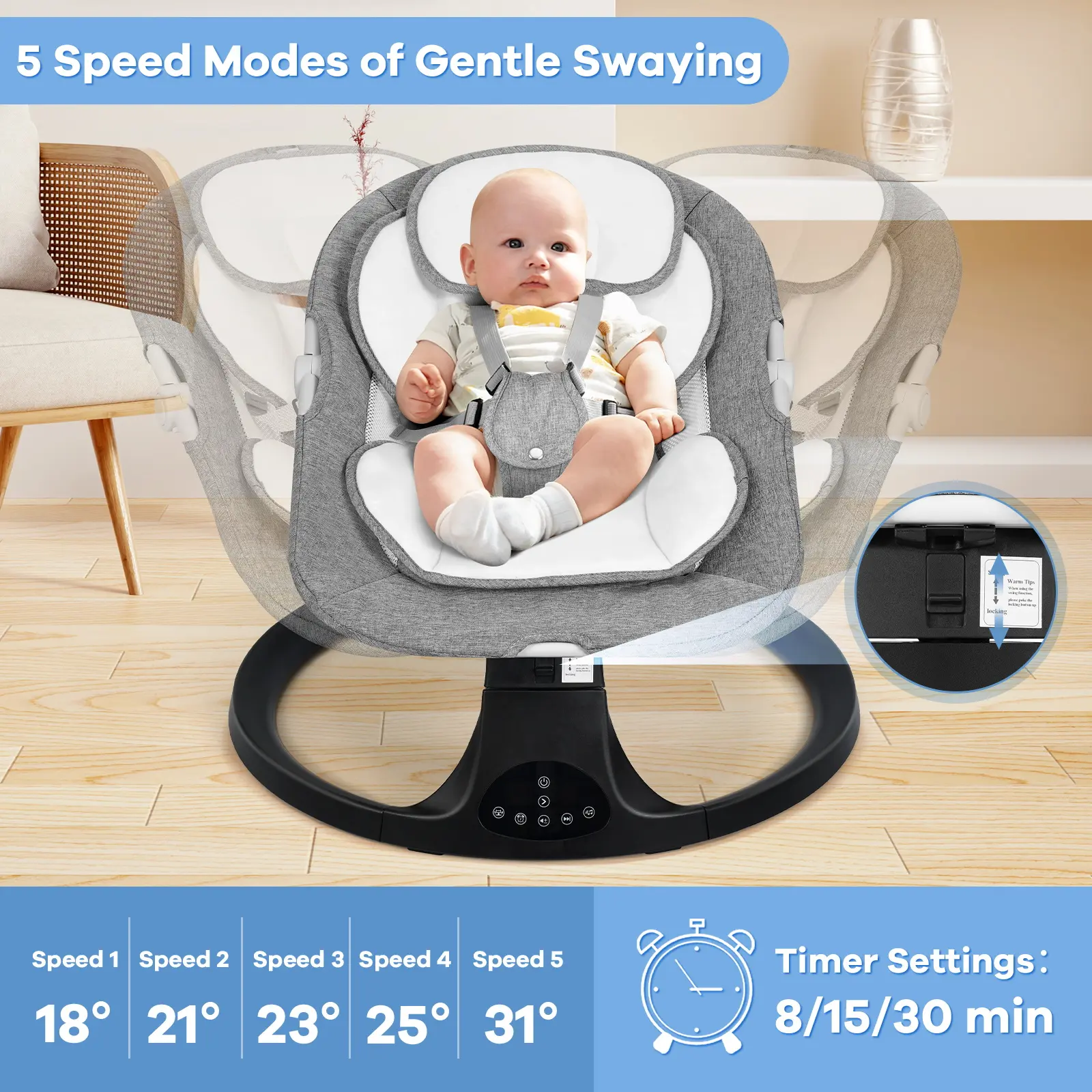 Baby Electric Bouncer & Swing – 5 Speeds, 10 Lullabies, Remote Control, Battery & Adapter Powered